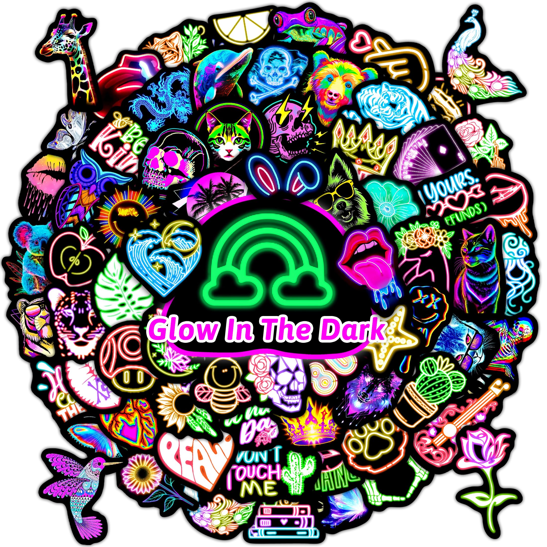 70 Pcs Glow in The Dark Neon Water Bottle Stickers for Kids, Adults Cool Colorful Laptop Decals, Waterproof Vinyl Skateboard Diary Phone Cup Guitar