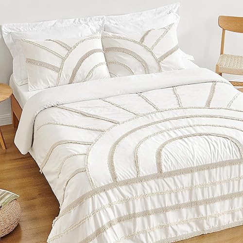 Sweet Jojo Designs Juego de funda de edredón unisex con diseño de sol y niña, color marfil, bohemio, chic, tamaño matrimonial, 3 piezas, color