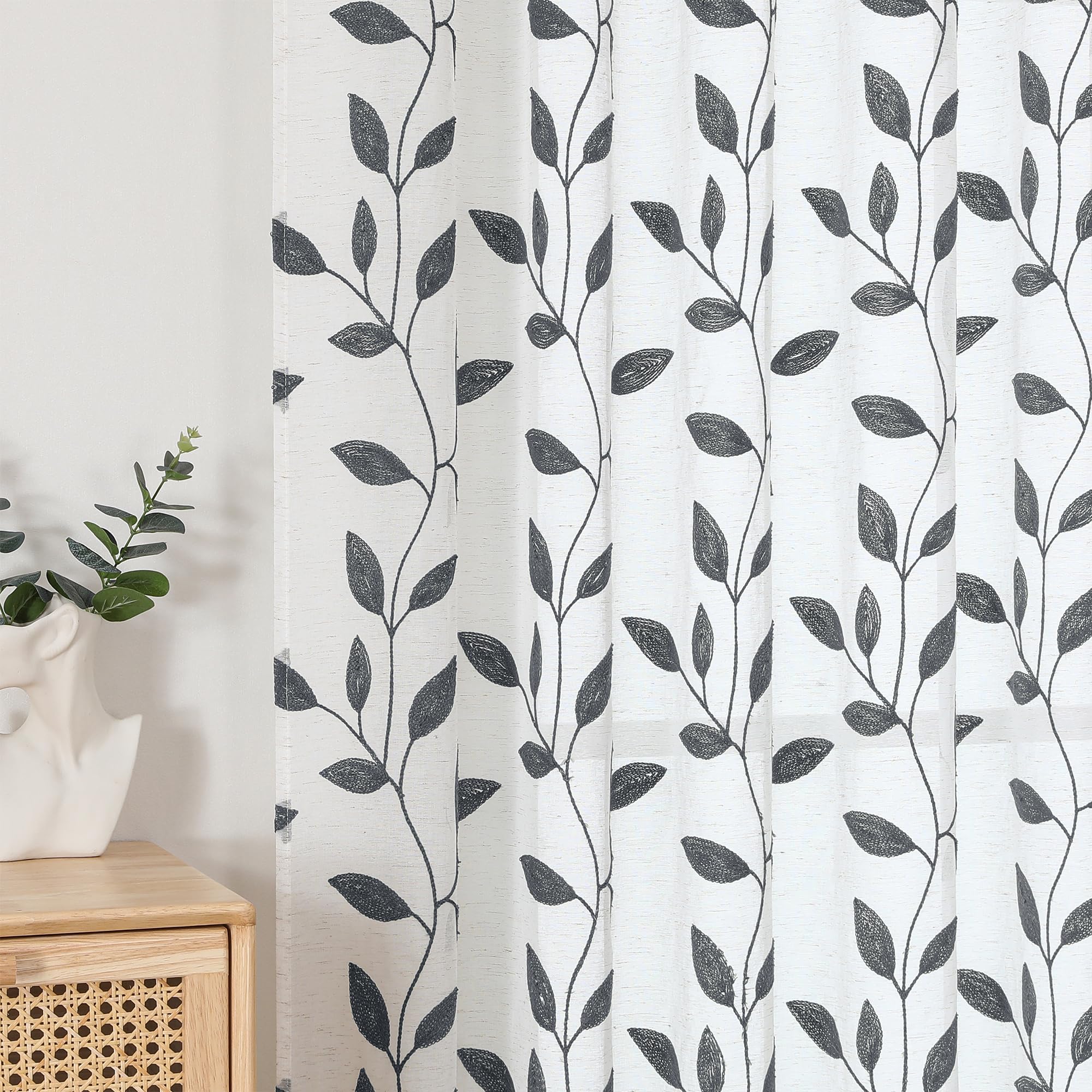 Grey Sheer Curtains - Embroidered Leaf Drapes -3 Grey Sheer Curtains - Embroidered Leaf Drapes -3