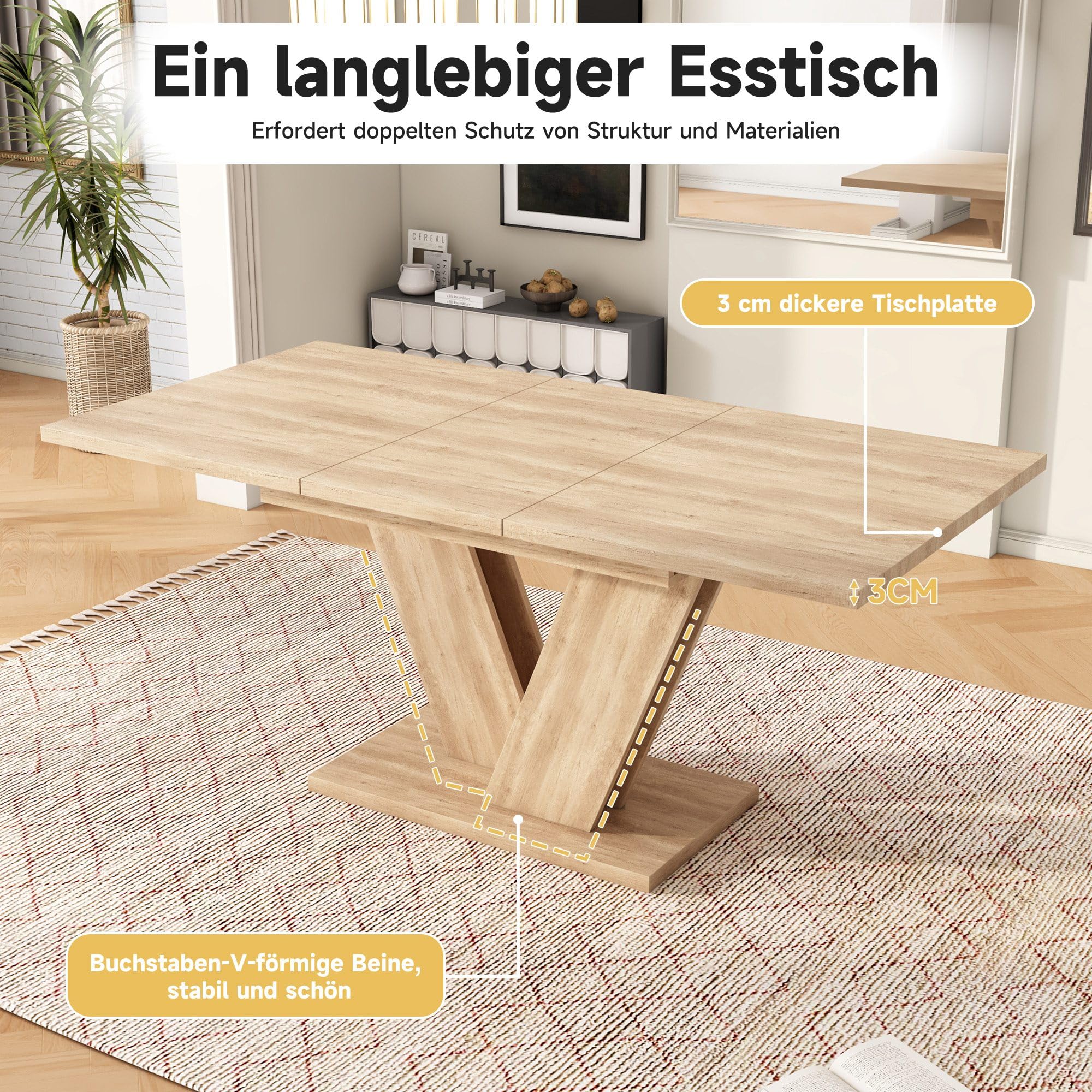 Ausziehbarer Esstisch 140/180 * 80 cm, für 4-6 Personen, Rechteckiger, verdickte Tischplatte, V-förmige Beine, Eichenfarbe
