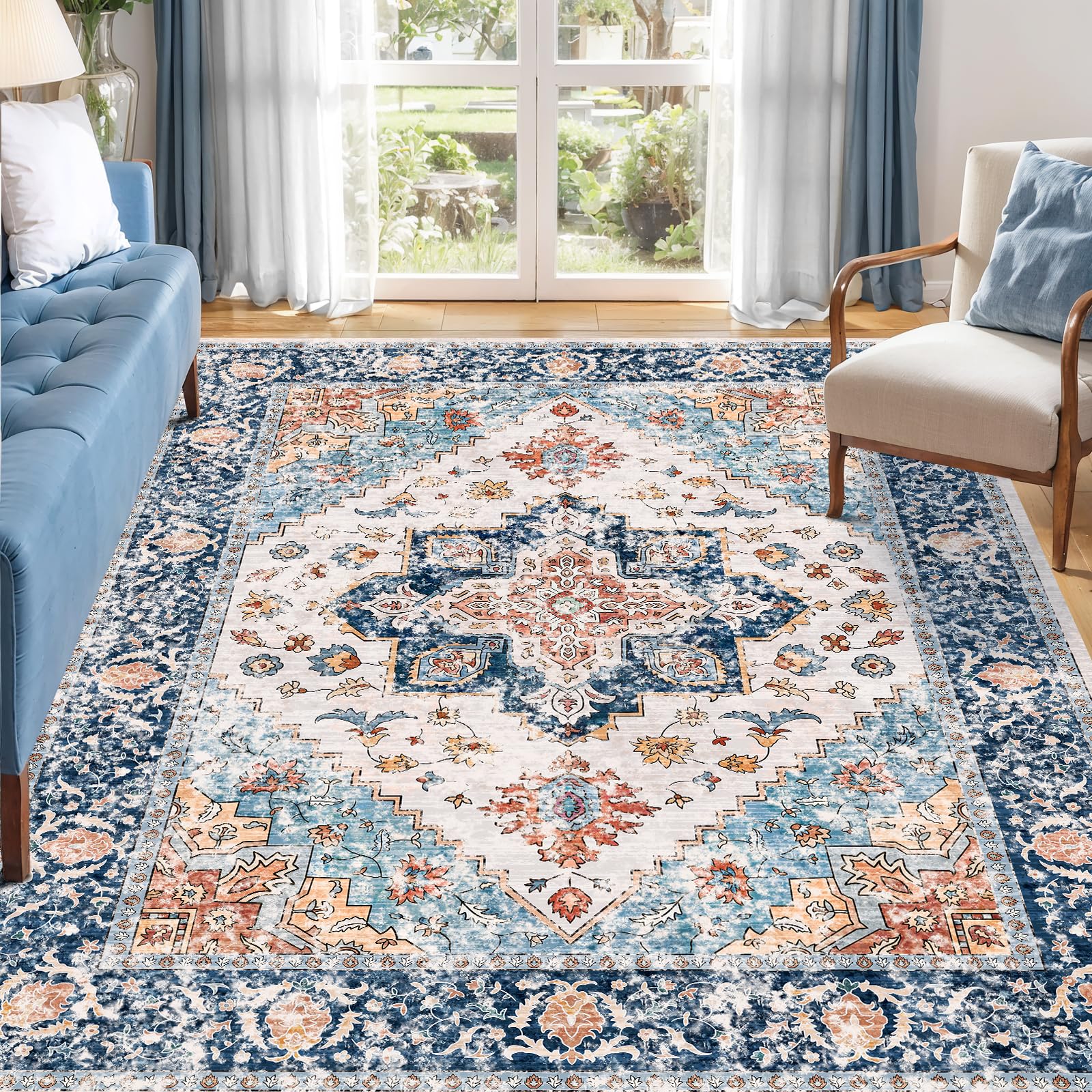 SERISSA 5x7 Boho Area Rug, Washable Large Rugs for Living Room, Ultra Soft Non-Slip Bedroom Rug Print Distressed Vintage Tribal Farmhouse Carpet Blue Orange Rug for Dining Room Dorm Office Home Decor