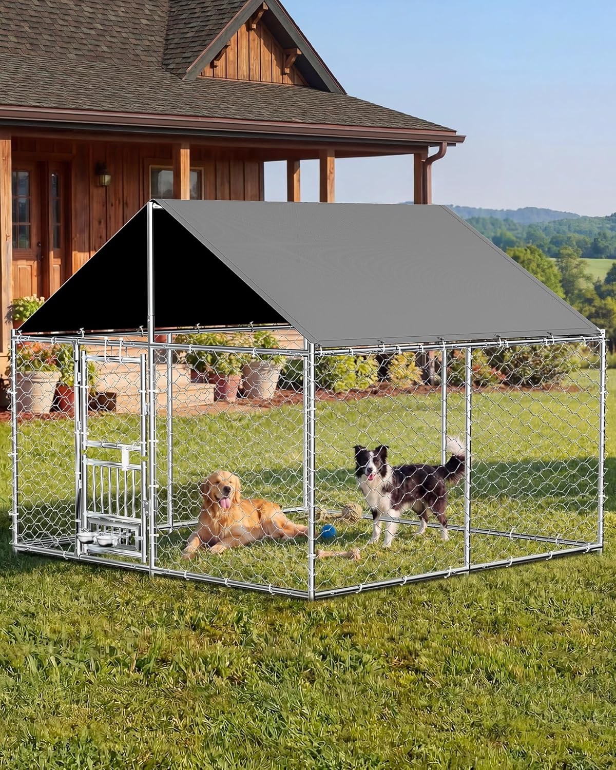 7.5 x 7.5ft Large Outdoor Dog Kennel with Rotating Feeder, HeavyDuty Dog Runs with Roof, Pet Playpen with Double Doors&Secure Lock, with Galvanized Chain Link for Dogs,Chickens,Ducks