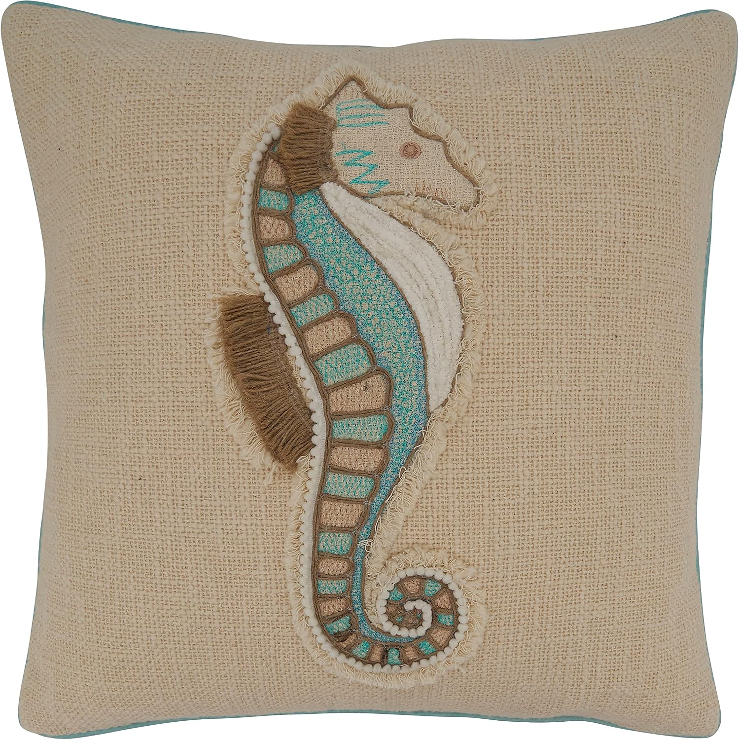 SARO LIFESTYLE Embroidered Sea Horse Pillow Cover, Aqua, 18"
