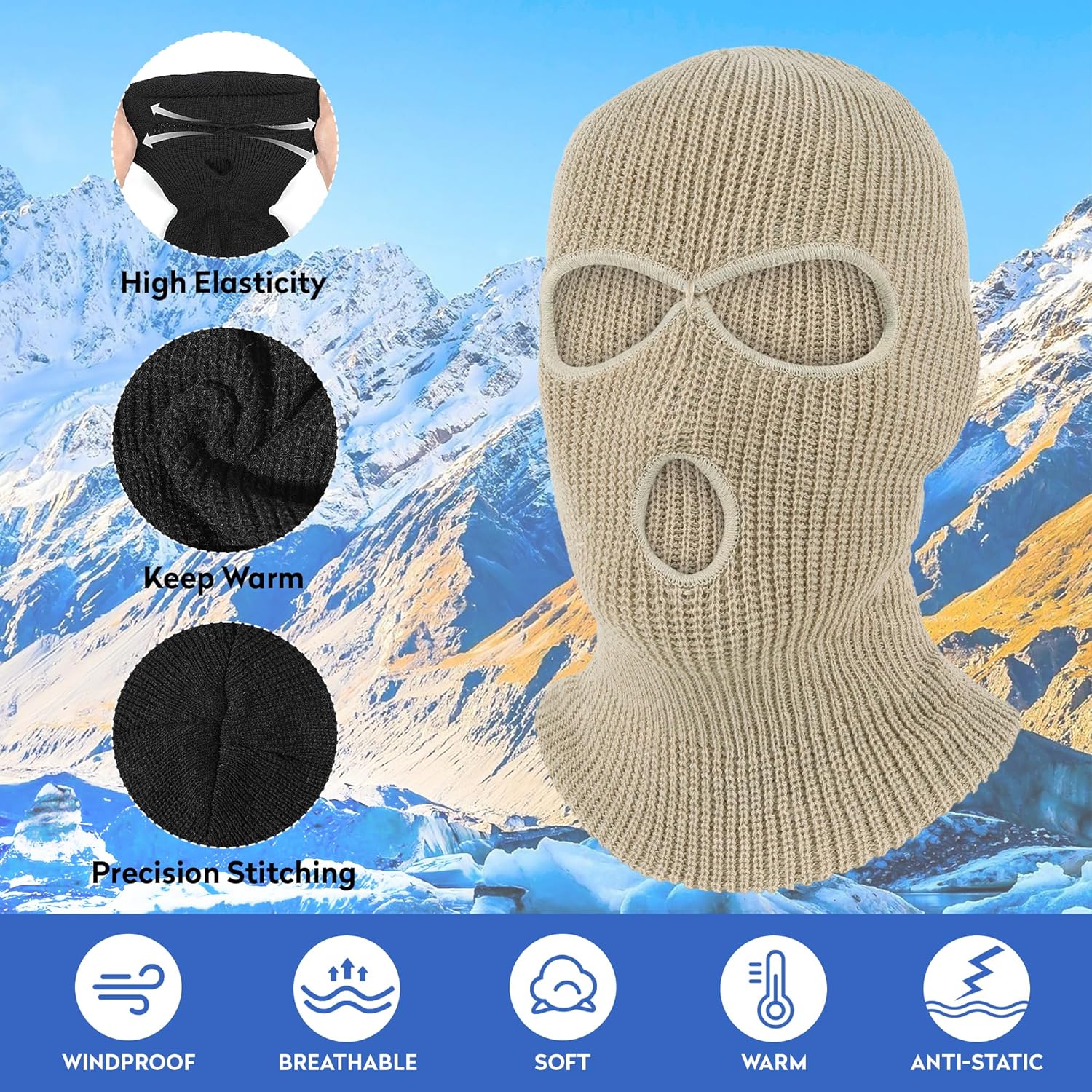 Pukavt 3 Hole Winter Knitted Mask, Full Face Cover Ski Mask Warm Balaclava for Skiing, Motorcycle, Snowboard - Image 3