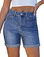 luvamia Women's High Waisted Denim Jean Shorts Mid Thigh 6-Inch Inseam Cuffed Hem Stretchy Jorts Casual Summer Trendy