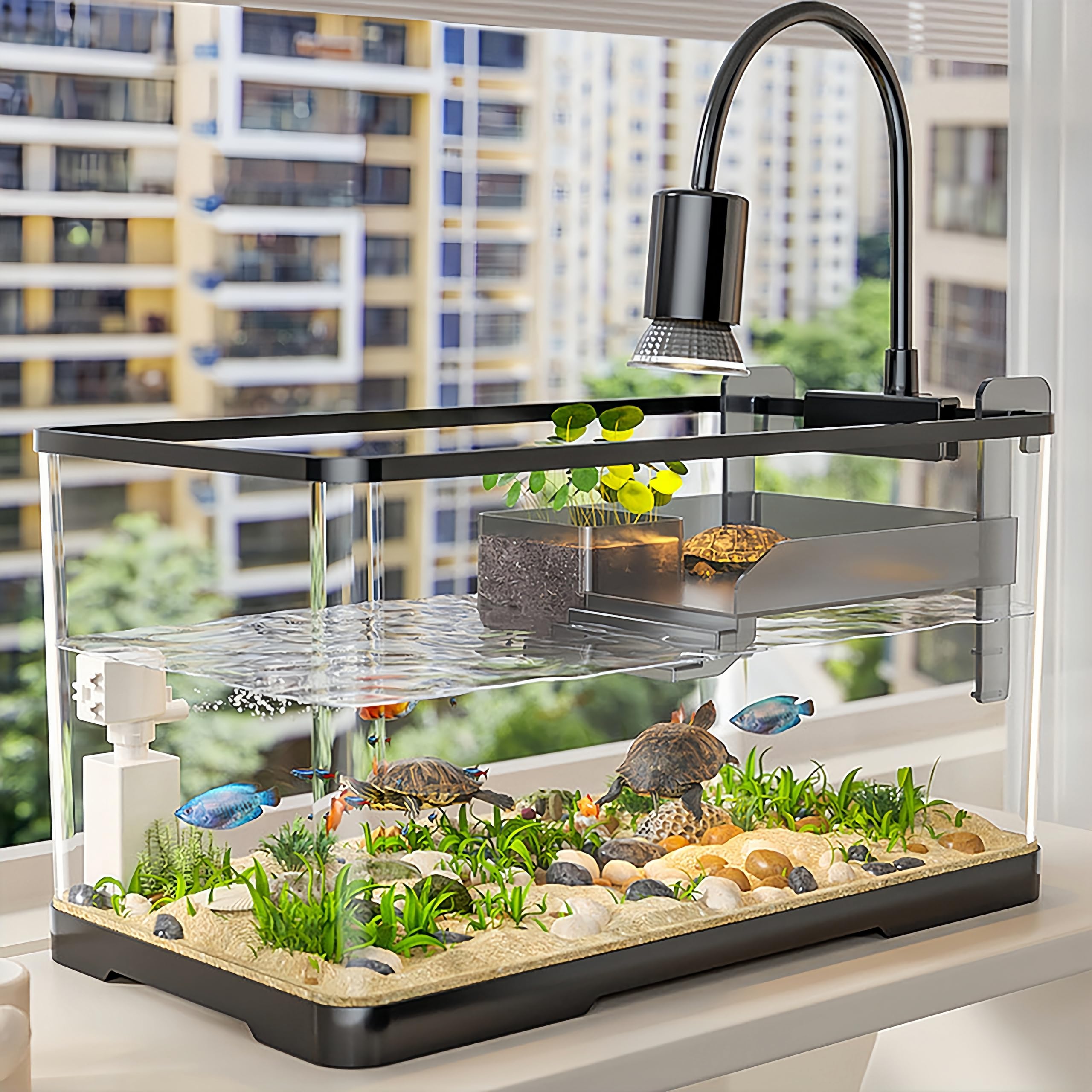 Fish Aquarium, Turtle Tank Starter Kit with Light and Filter, Bottom Drainage, Multi-Function Areas for Turtles, Crabs,Fishes, Amphibians,Reptiles (55 * 30 * 30cm) 55*30*30cm