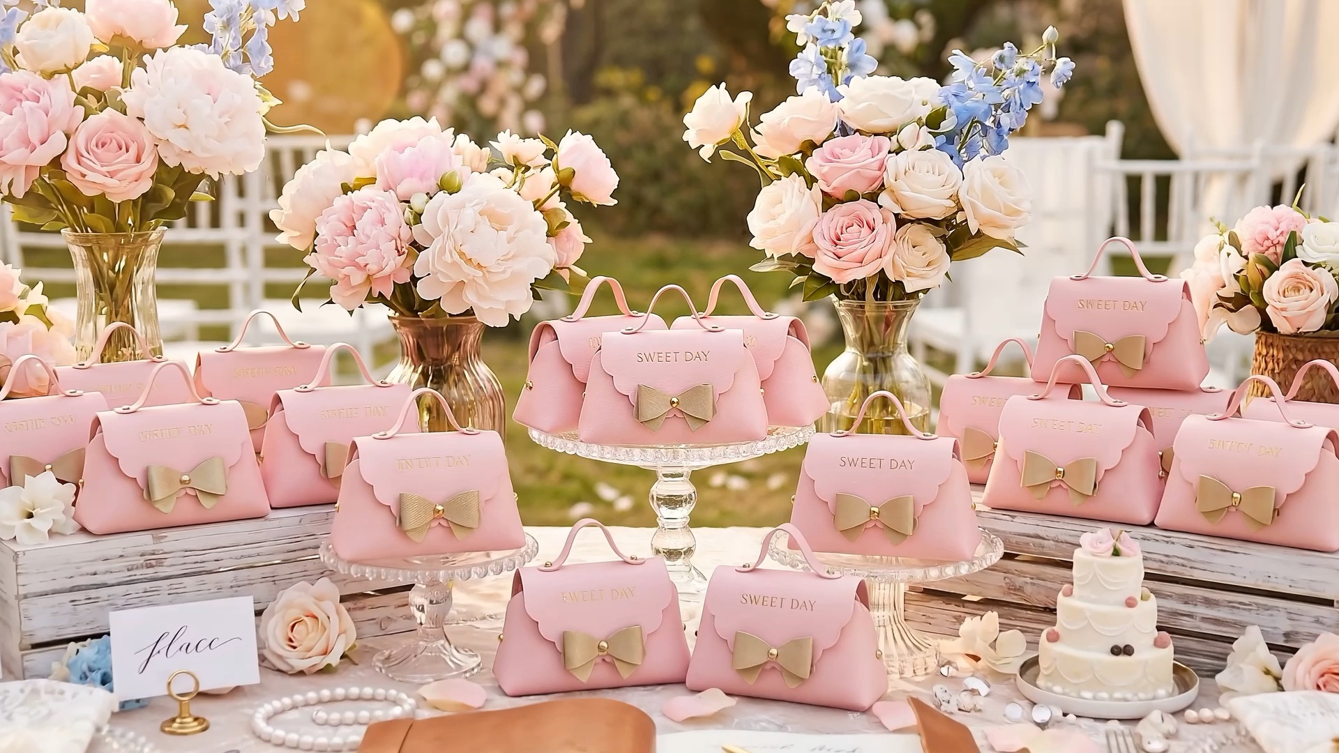 Dandat 24 Pcs PU Leather Bowknot Gift Boxes 5x3 Inch Reusable Candy Favor Bags with Handles, Elegant Mini Handbag Purse for Wedding, Birthday, Party Favors(Pink)
