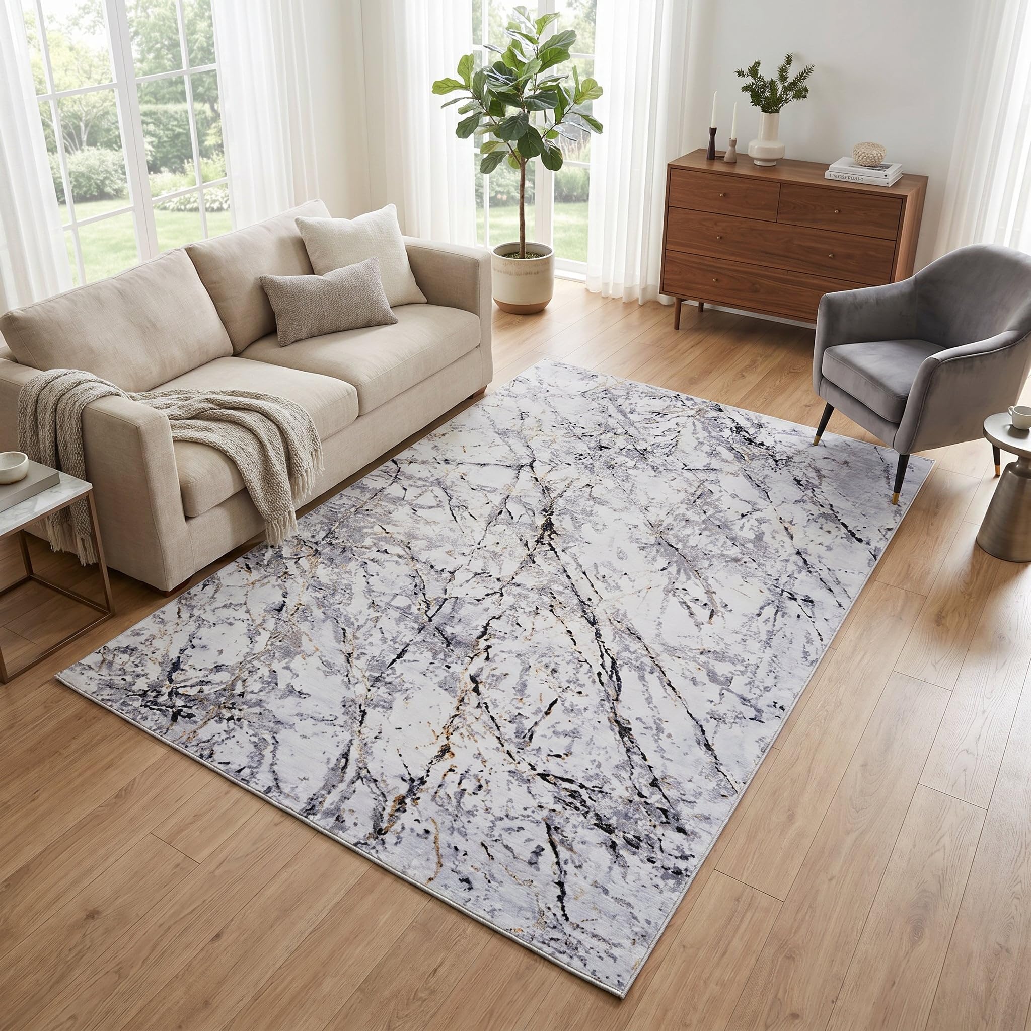 TAPISO Venezia Tappeto Soggiorno Pelo Corto Stampato Facile da Pulire Grigio Nero Effetto Marmo Moderno Antiscivolo - Tappeto per Camera da Letto Sala da Pranzo Corridoio Oeko-Tex 140 x 200 cm