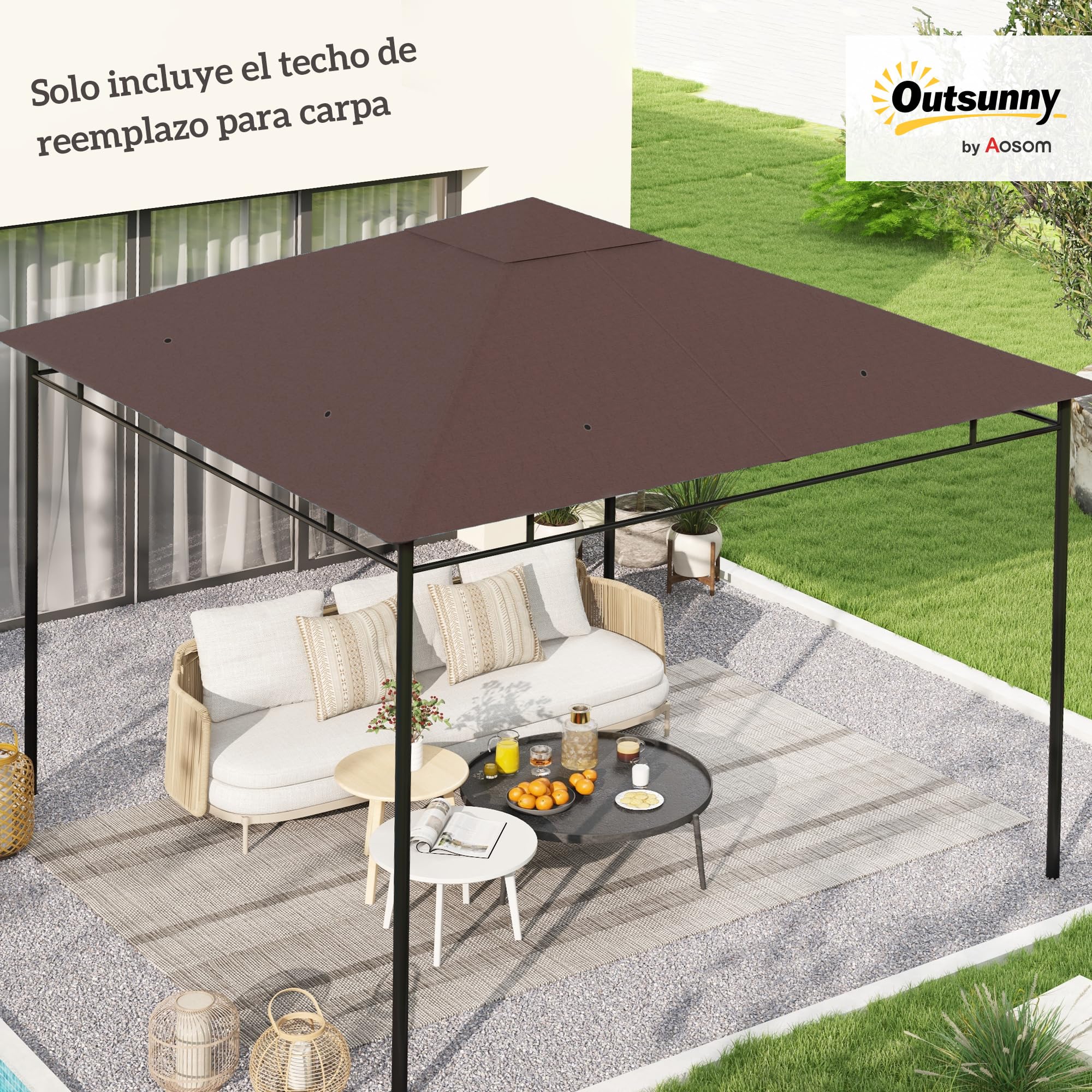 Outsunny Techo de Repuesto para Cenador, 3x3 m, Cubierta de Repuesto con 8 Orificios de Drenaje, Ventilación y Protección UV, Solo Toldo de Recambio para Pabellón Gazebo, Café
