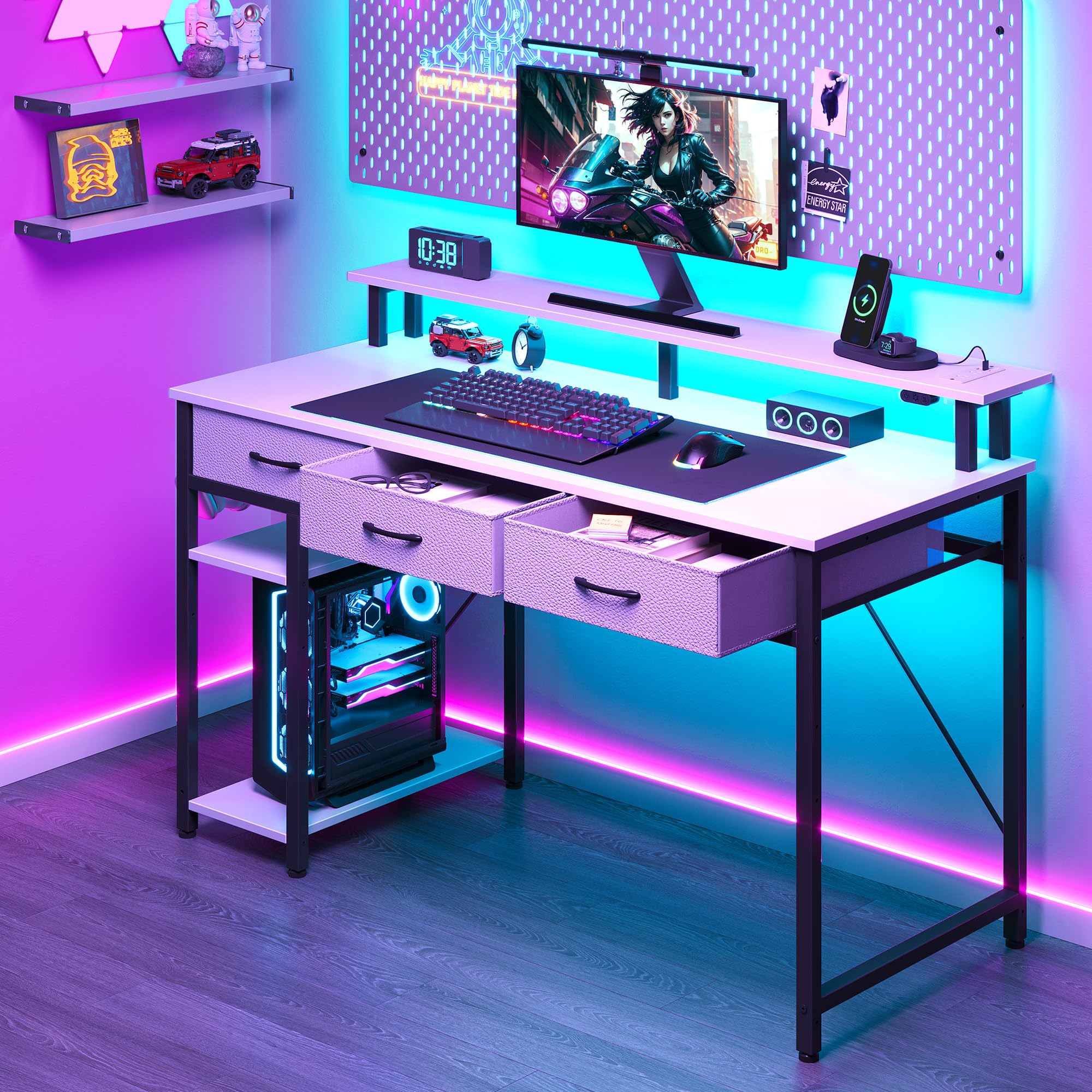 Rolanstar Bureau avec Rangement 100 cm - Table Ado 3 Tiroirs LED RGB Prises de Courant, Blanc