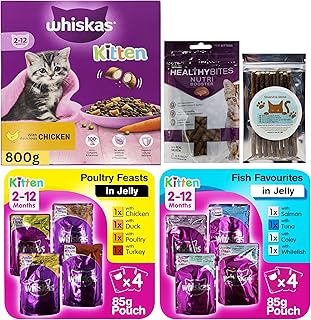 Kitten Food Wet 2-12 Months & Dry Cat Food Bundle contains Kitten Dry Food 800g x1, Cat Food Pouches in Jelly 85g x4, Kitten Wet Food in Jelly 85g x4, Healthy Bites Treat 65g x1, Silvervine Sticks