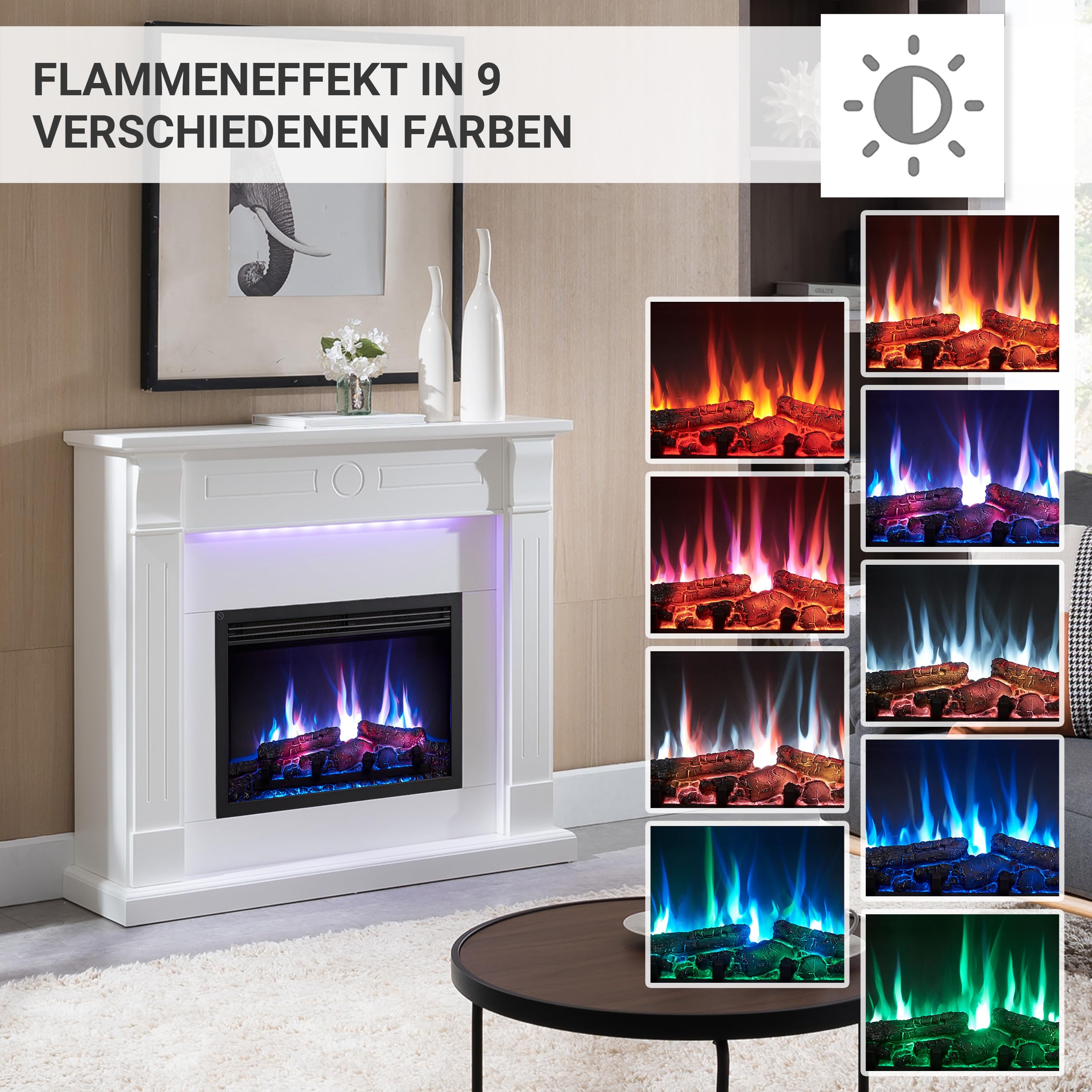 Elektrokamin BALDERIA Hikaru - Standkamin mit Heizung bis 2000W, 3D-Flammeneffekt, LED-Beleuchtung, Knister-Sound, App-Steuerung, WiFi, Fernbedienung, Timer, Thermostat - Weiß