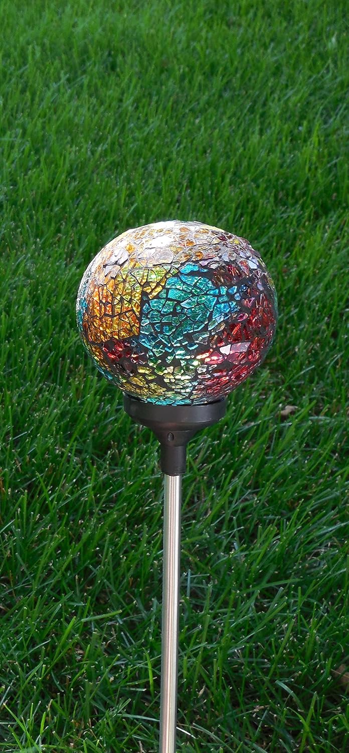 Solar Colorful Multi-Color Ball LED Light, Mosaic Crackle Glass Ball Garden Decor Stake Yard Outdoor Landscaping Color Changing LED Lamp