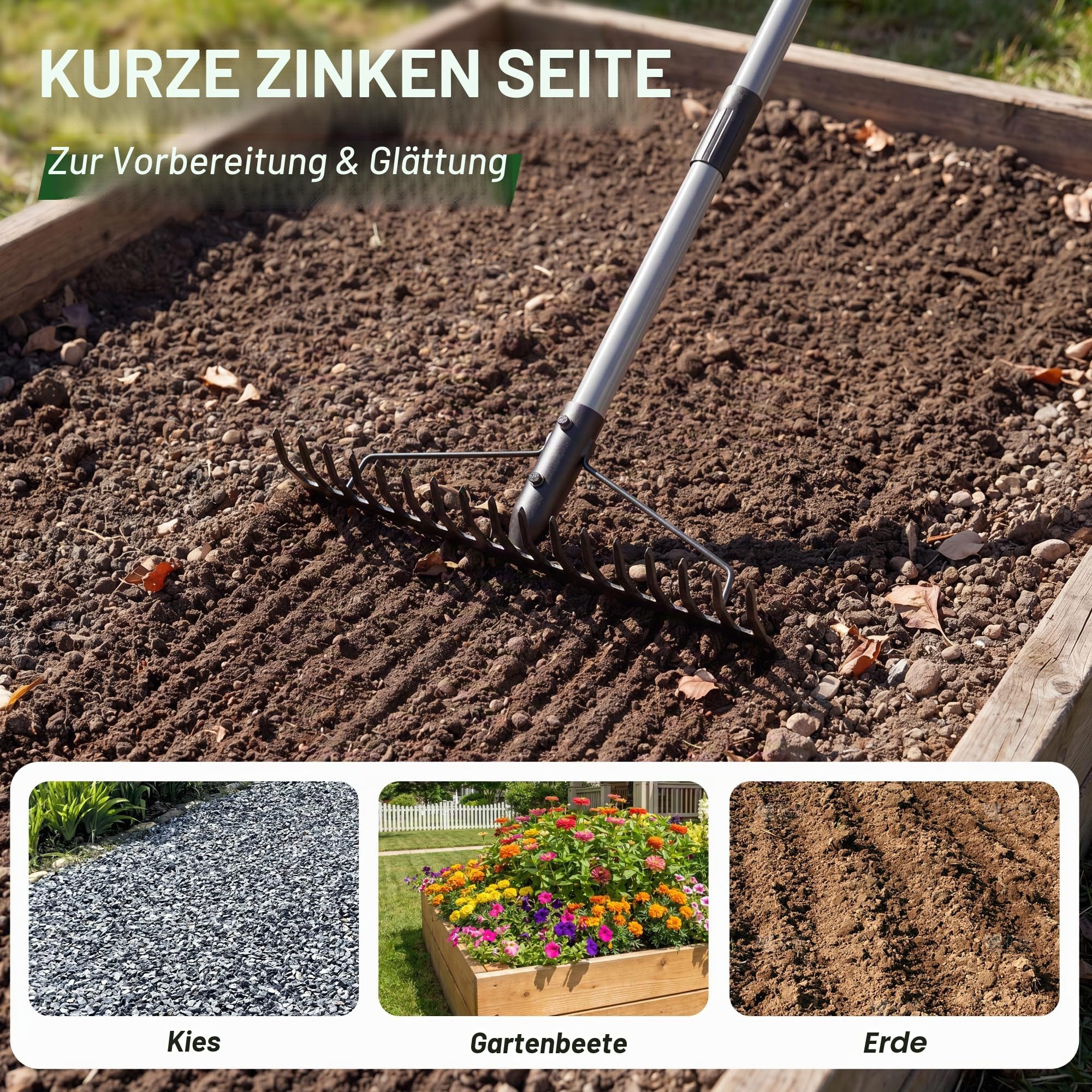 Walensee Garten Rechen, 165cm Metall Rechen , Harke mit 17 Stahlzinken, mit Edelstahlgriff, zum Lockern von Boden und Nivellieren von Rasen,Laubbesen,Rasenrechen, Heurechen für Rasen und Blätter