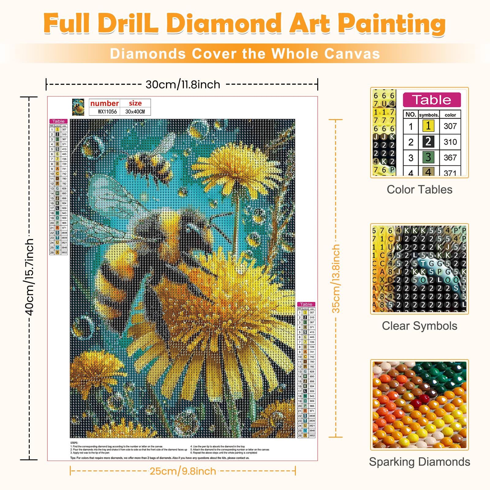MOGTAA Bee Diamond Art Painting Kits for Adults Flowers DIY 5D Diamond Painting Kits for Beginners Full Drill Diamond Dots Crystal Craft Kits for Home Decor Gifts 30x40 cm - Image 2