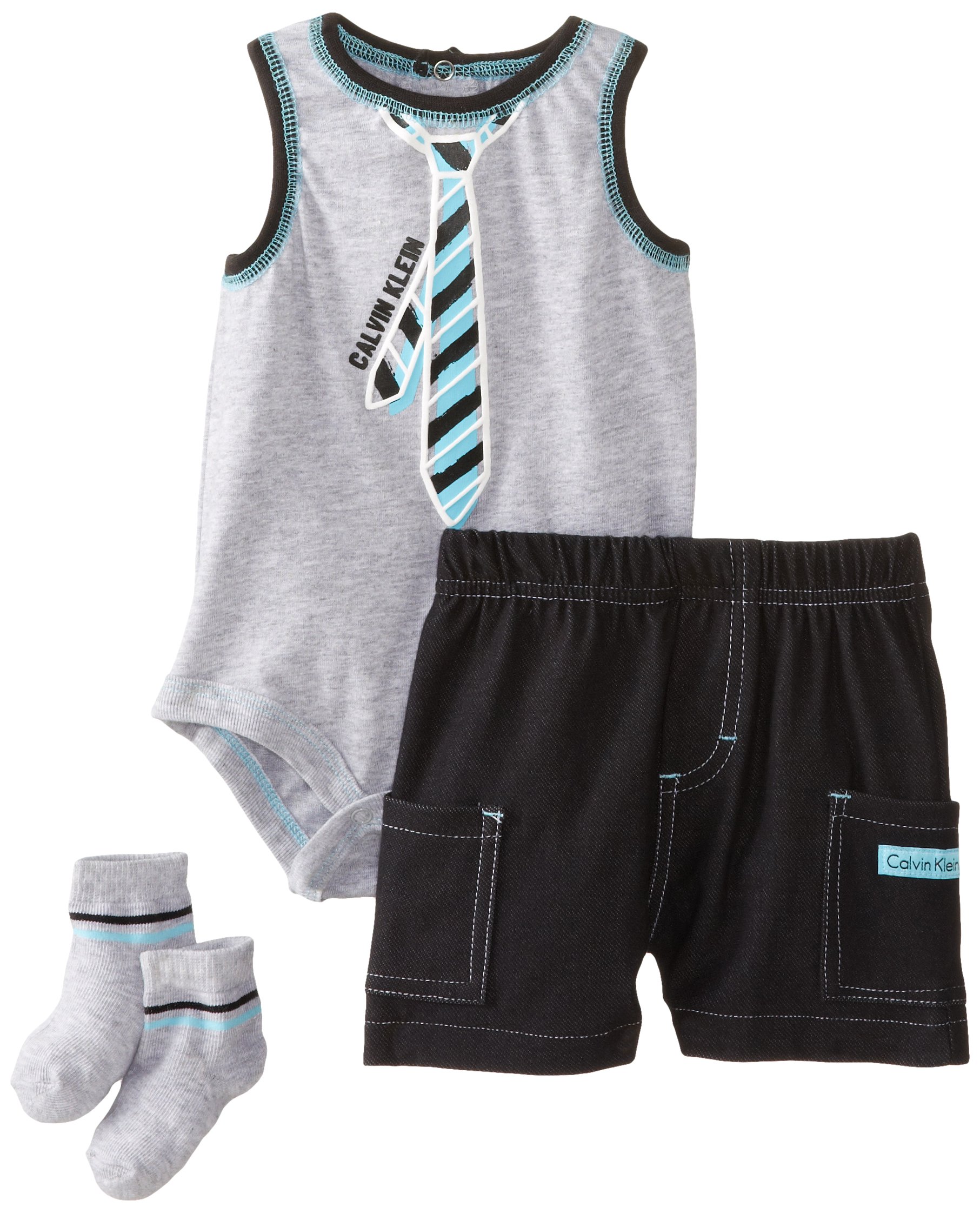 Calvin Klein Baby-Boys Newborn Creeper with Black Cargo Shorts and Socks