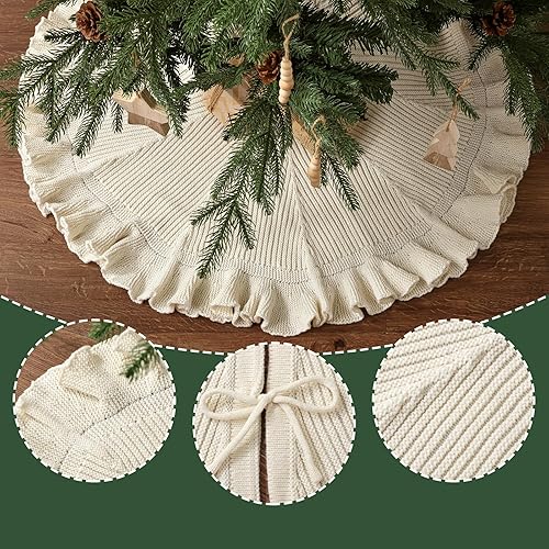 Miniatura 10 de LimBridge Faldón de árbol de Navidad de punto hecho a mano 36 pulgadas crema 12 círculos de ganchillo grueso falda de árbol con botones redondos de
