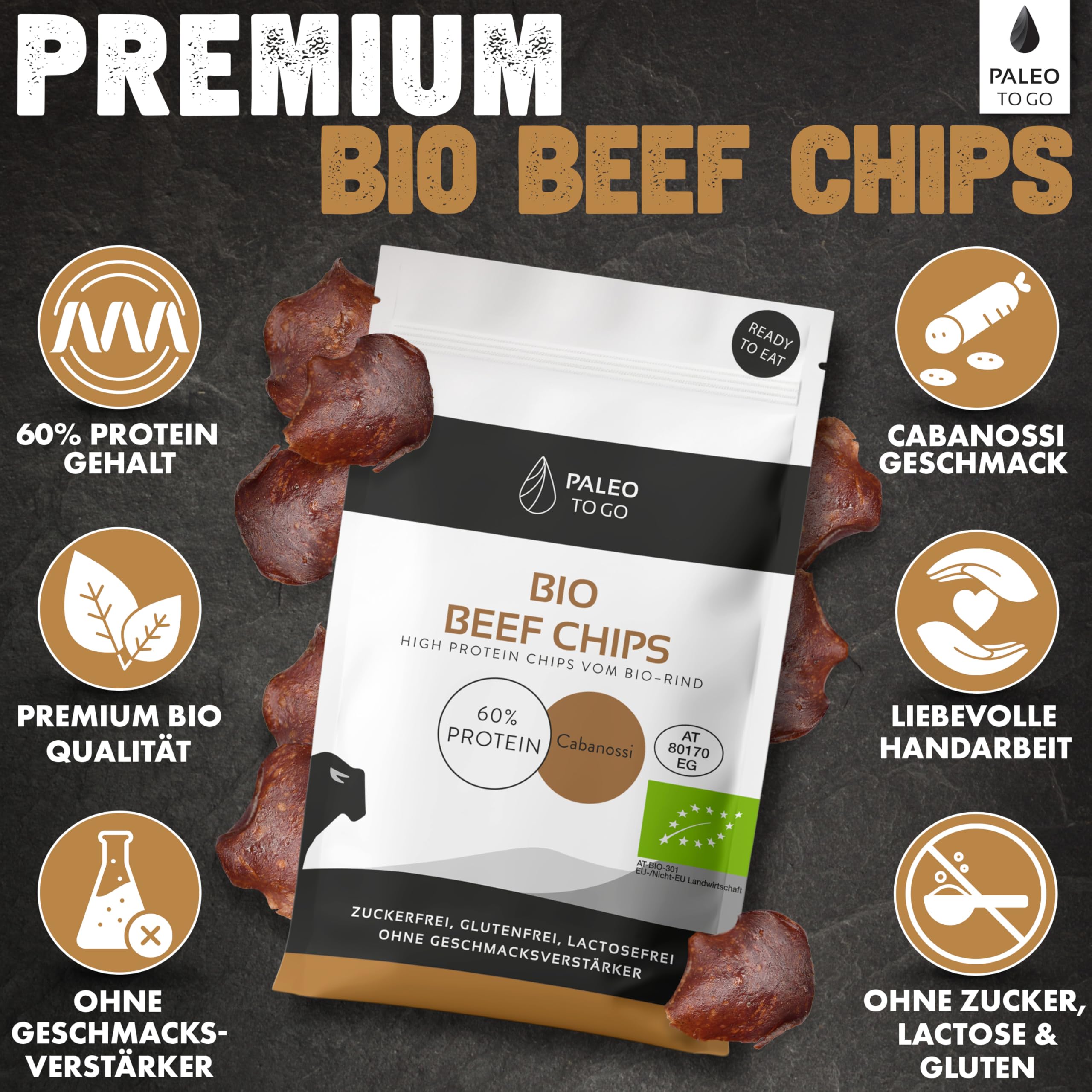 PALEO TO GO Bio Beef Snack Bundle, Beef Jerky und Beef Chips aus Bio Rindfleisch, High Protein Trockenfleisch, Low Carb Eiweiß Snack, Made in Austria, ohne Konservierungsstoffe