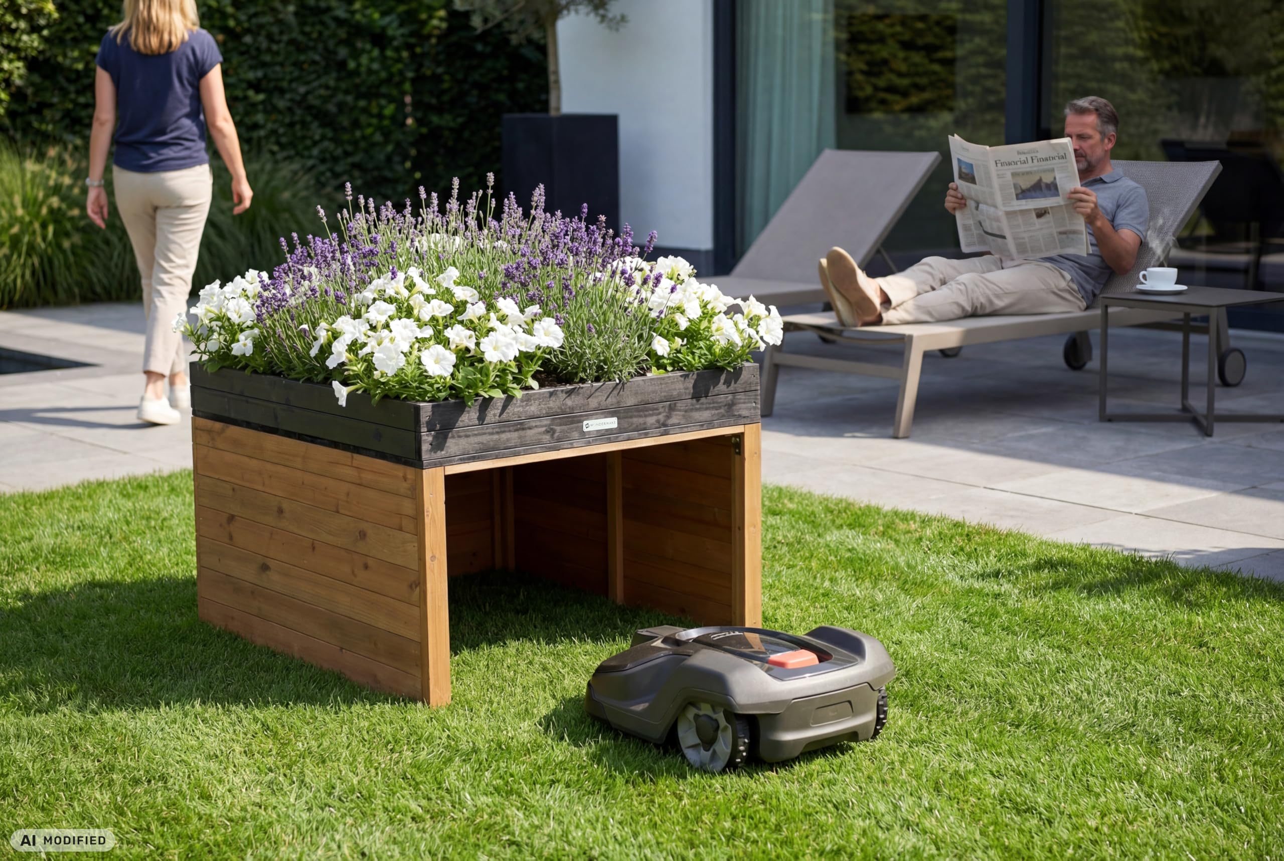Grande Garage pour robot tondeuse de design XXL Universelle avec évacuation d'eau, maison en bois avec jardinière, abri pour robot tondeuse, carport, garage pour robot tondeuse à toit plat