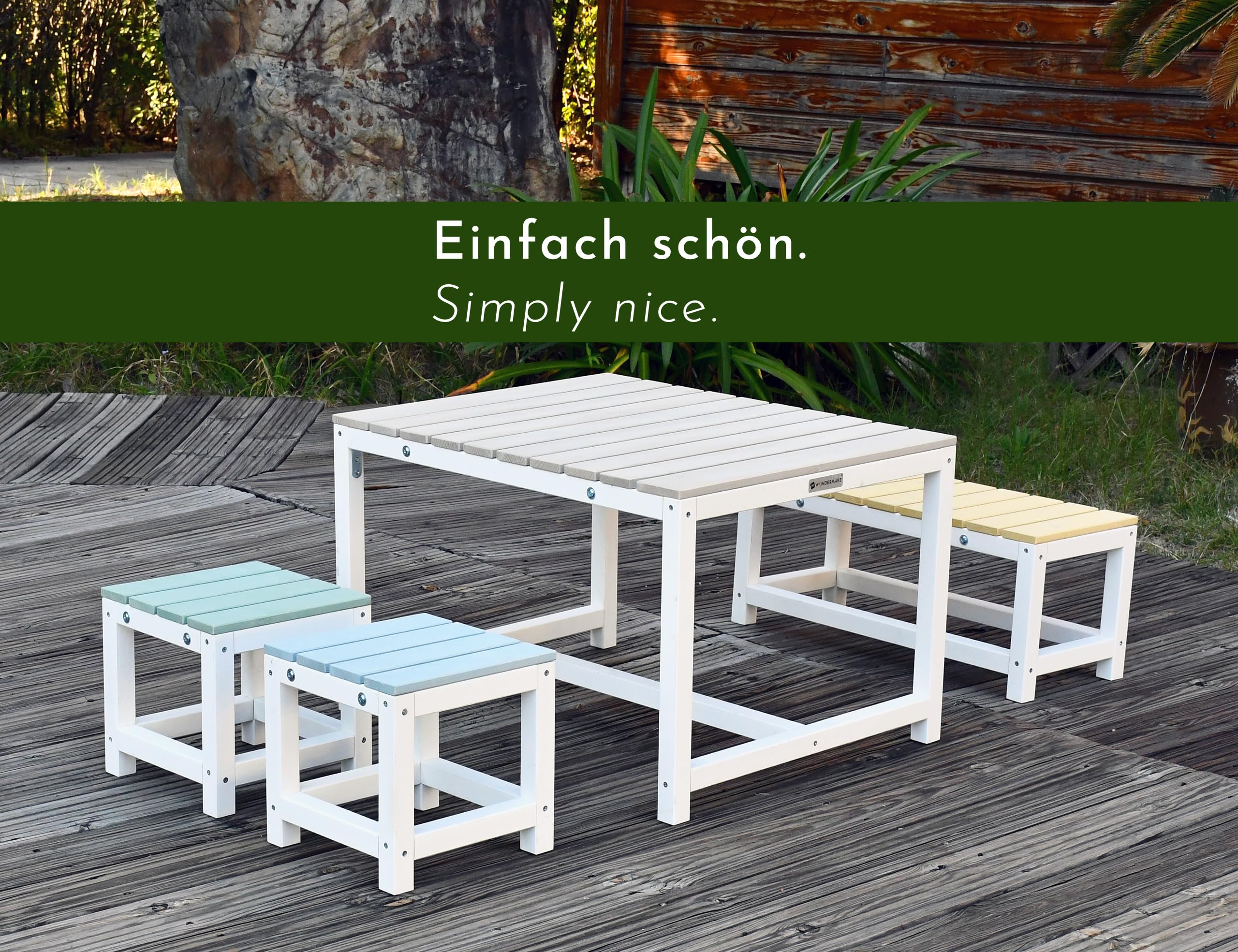 Design Kindersitzgruppe Outdoor Garten Holz mit Abdeckung, Kinder-Sitzgarnitur Indoor Picknick-Gruppe ab 3 Jahre, weiß bunt