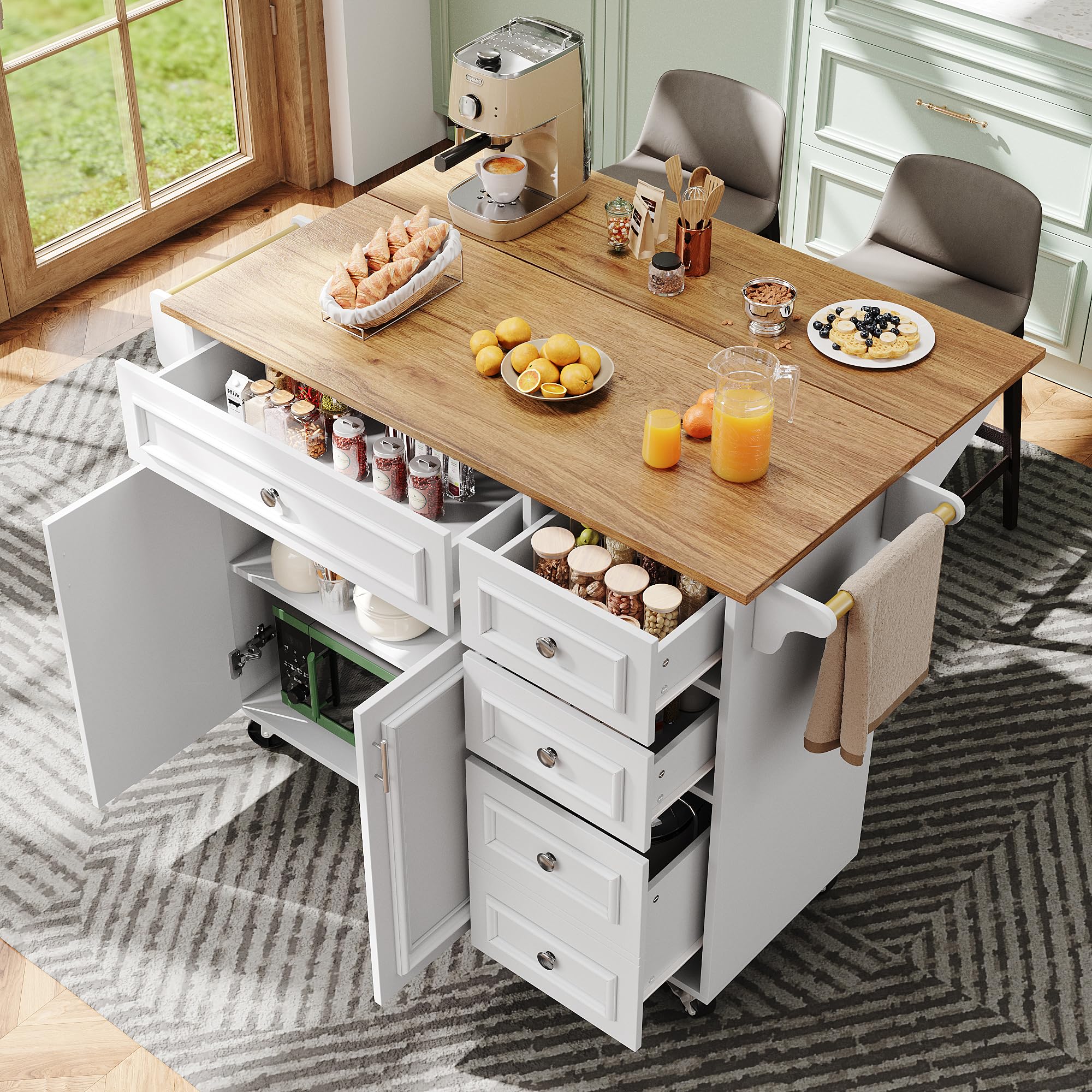 BTM Kitchen Island Free Standing with Foldable Worktop Kitchen Island Table On Wheels Storage Buffet Cabinet, White