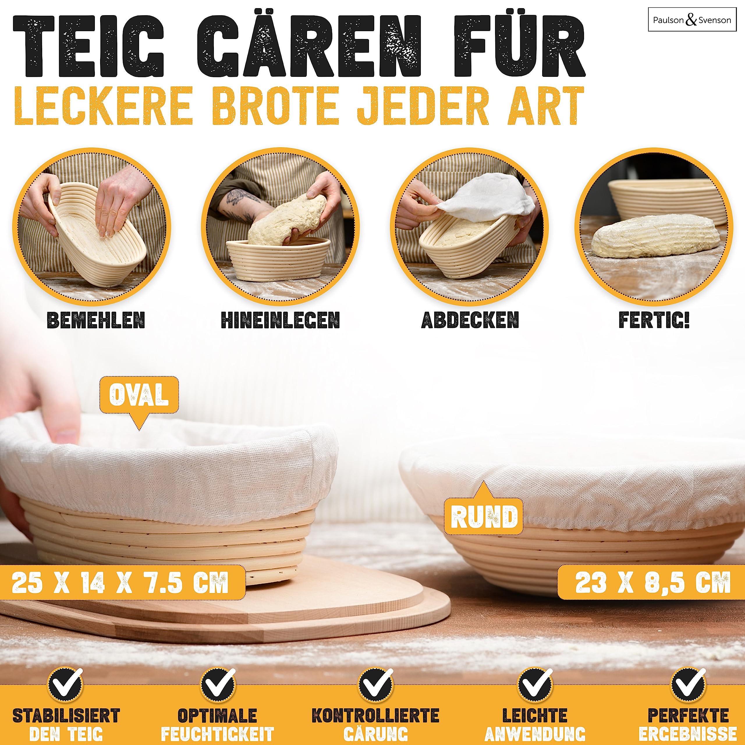 Paulson & Svenson - 2 cestini di lievitazione ovali in set completo per cuocere il pane – 100% rattan naturale – Include frusta, raschietto per pasta, panno di lino, pennello e coltello da forno