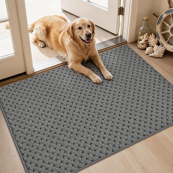 BEQHAUSE Dirt Trapper Door Mat Non-Slip Entryway Rugs Stain Resistant Absorbent Dog Doormats Woven-Look Washable Welcome Floor Doormat for Front Back Door, Dirty Wet Shoes & Paws, 32" x 48", Grey