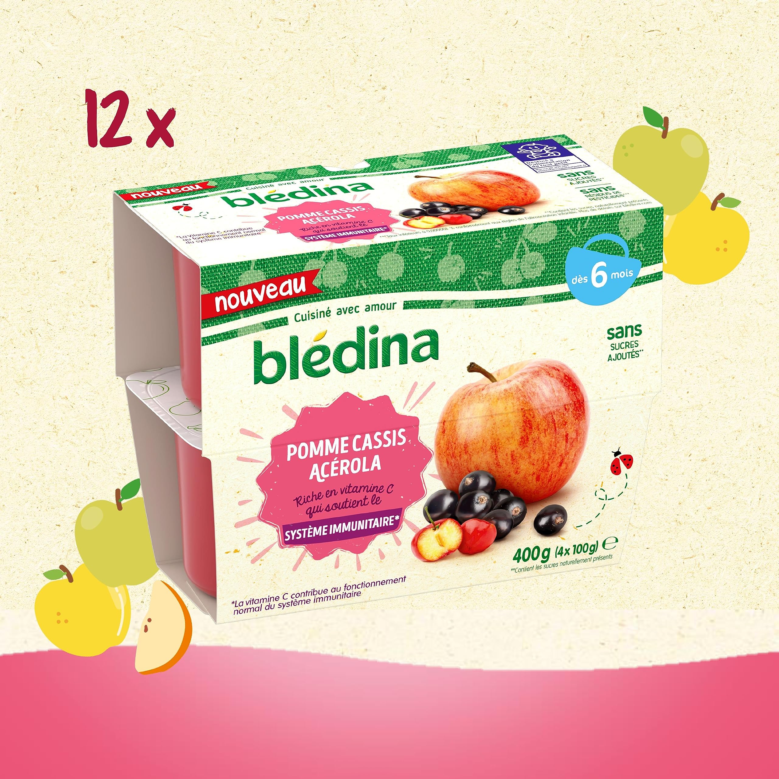 BLEDINA - Coupelles de fruits bébé - Pommes, Cassis, Acerola - Riche en Vitamine C - Dès 6 mois - 48 coupelles de 100g