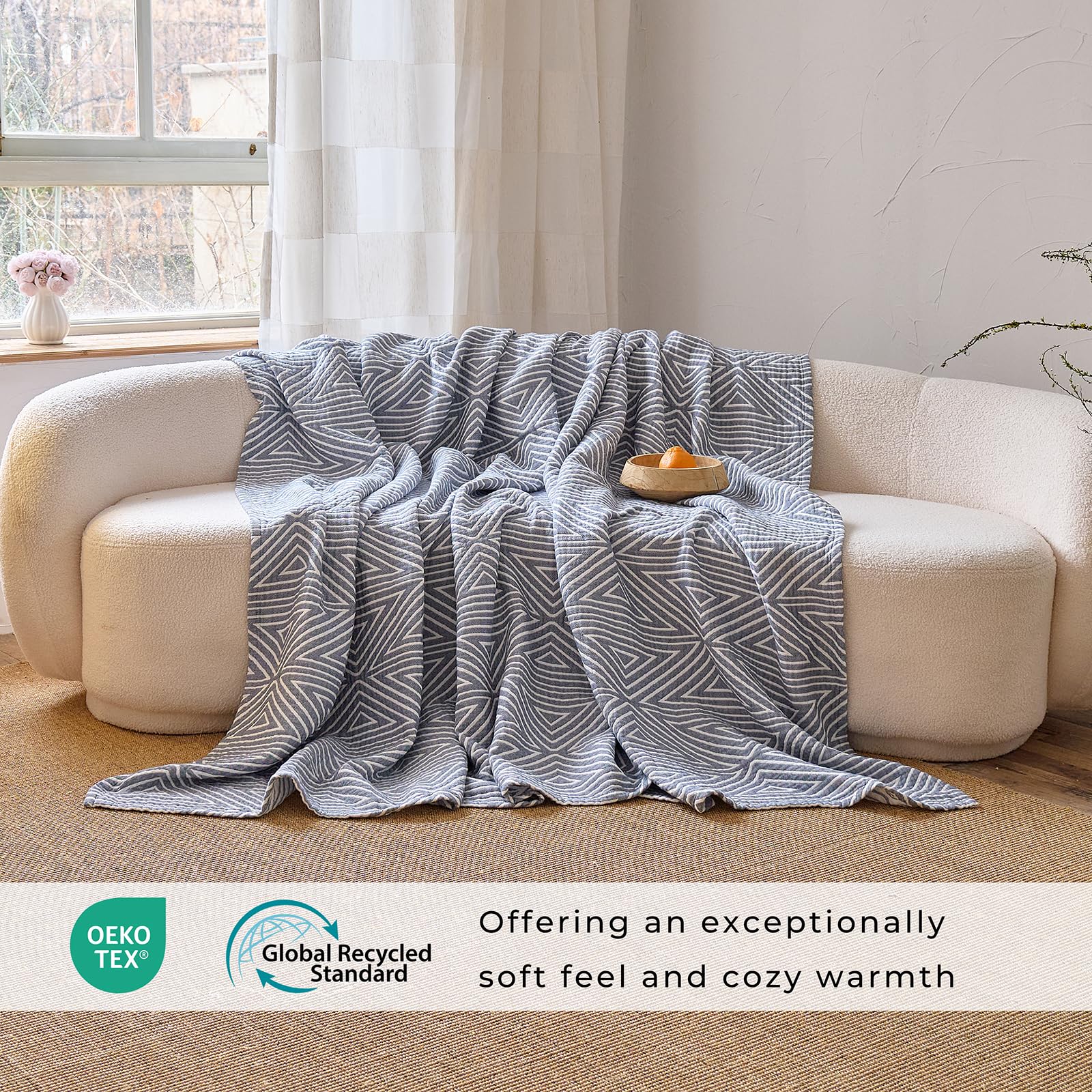 HOORDRY Musselin-Überwurfdecke, 100 % Baumwolle, doppelseitig, Sofaüberwurf, groß, 3-Sitzer, 200 x 230 cm, weich, gemütlich, leicht, Überwurf für Sofas und Bett, Ganzjahres-Tagesdecke, grau