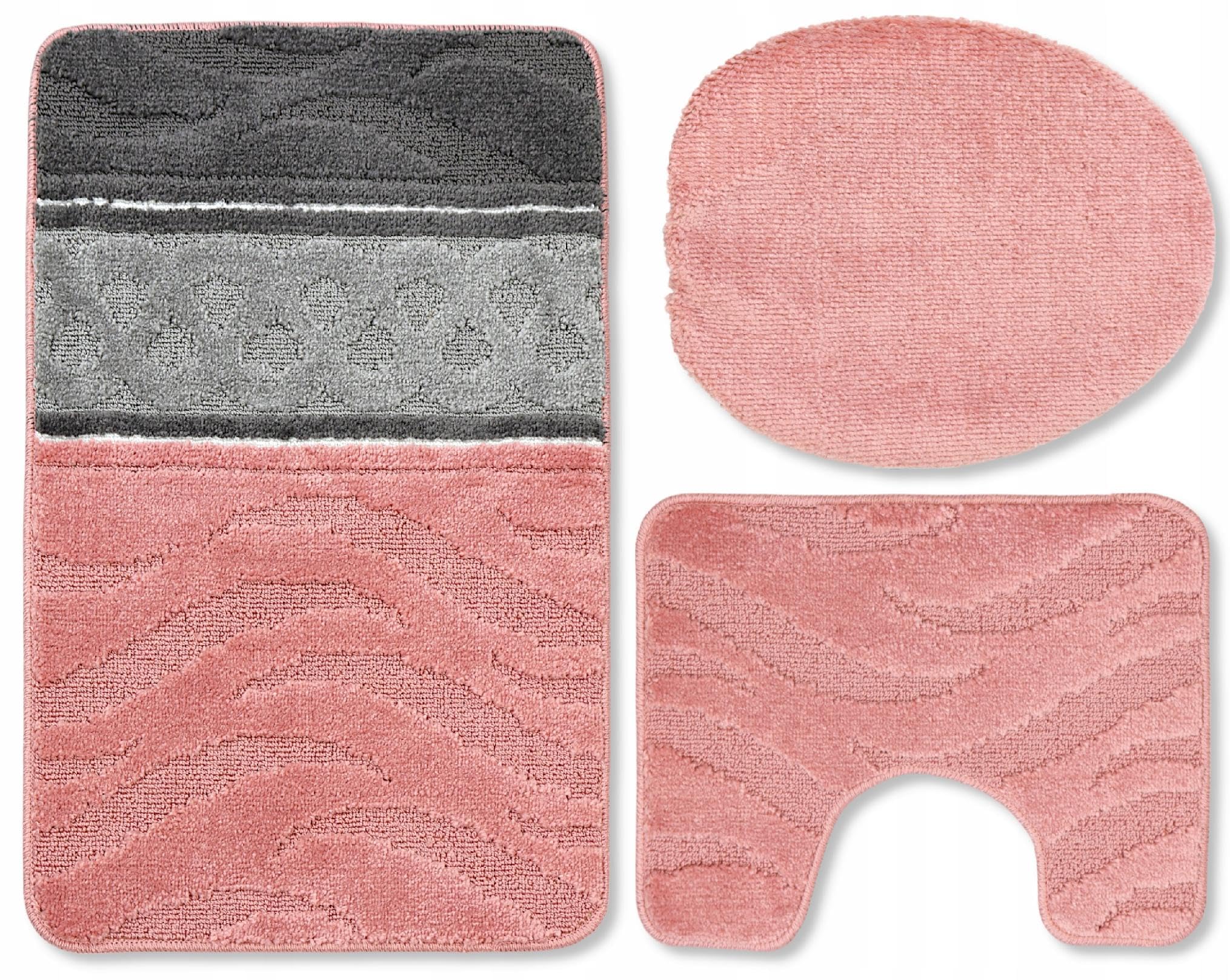 Badteppich Set 3-TLG. Rosa & Grau – rutschfest & Weich, Badematte für Badezimmer Teppich 50x80 cm & 50x40 cm - Ideal für Fußbodenheizung