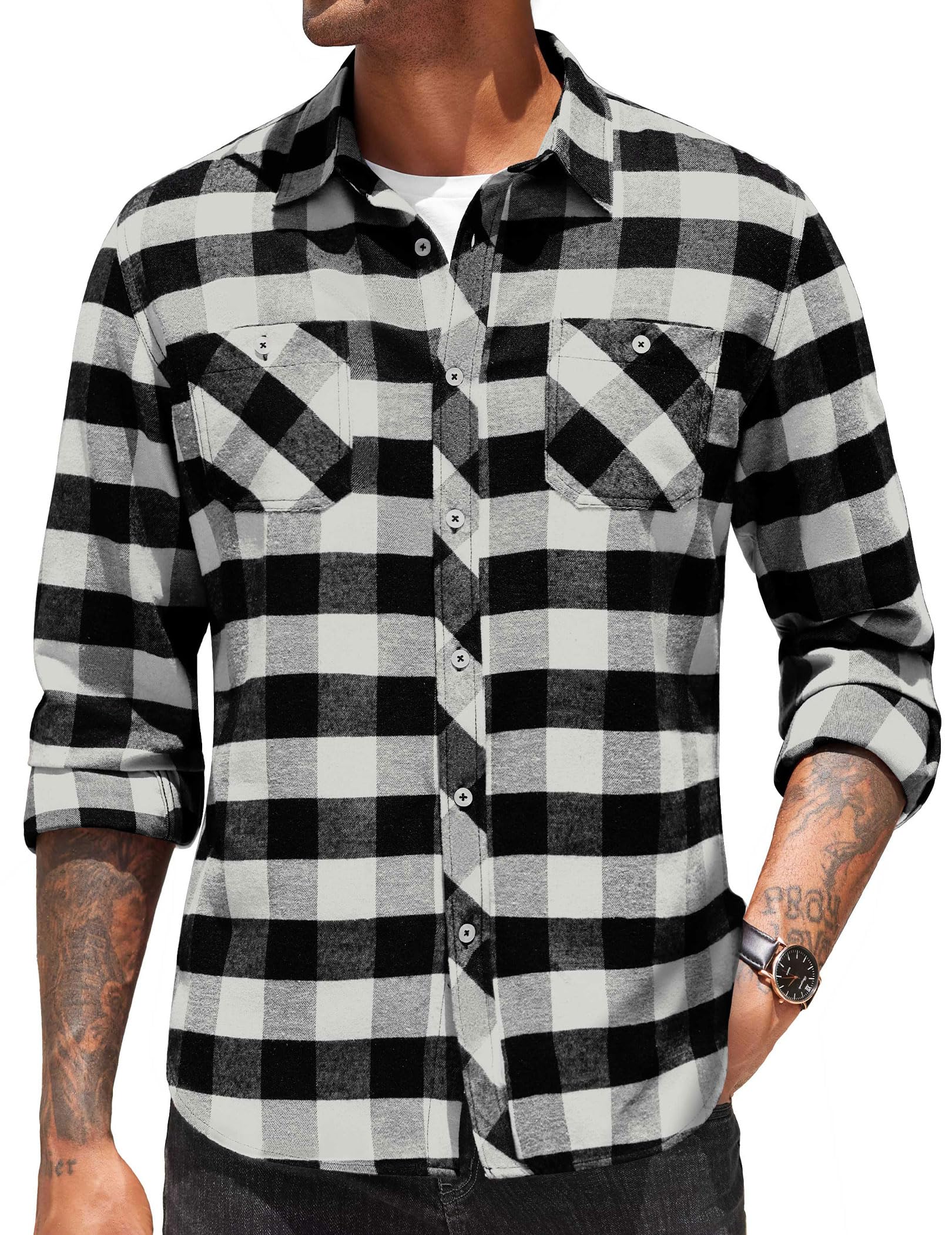 COOFANDY Flanellhemd Herren Langarm Kariertes Baumwollhemd Freizeithemden Holzfällerhemden Karohemd Button Down Oberhemden mit Brusttaschen