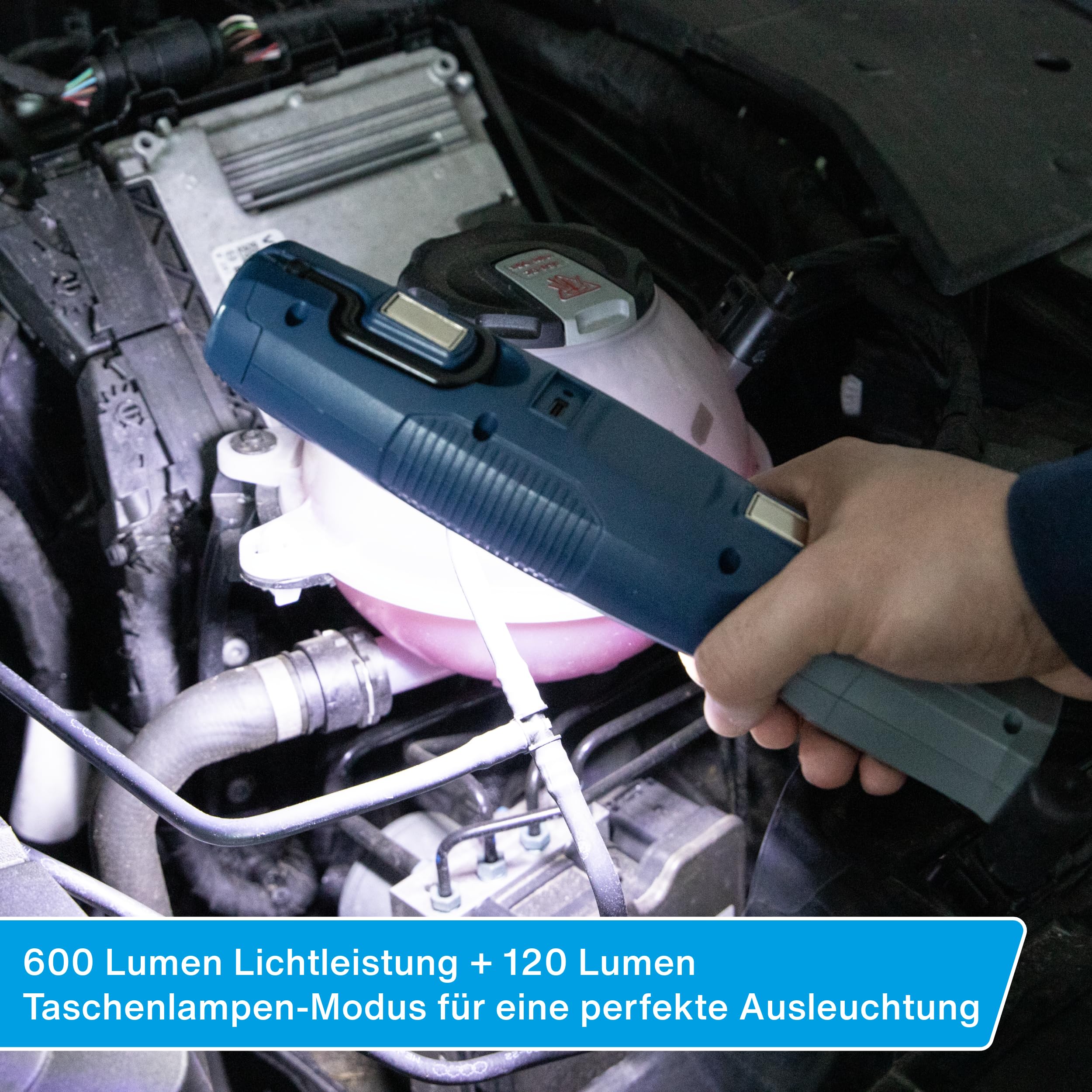 cartrend Lampa warsztatowa LED, wysoka jasność, 600 lumenów, światło powierzchniowe, akumulator 2600 mAh, trzy tryby oświetlenia, hak obrotowy 360°, wytrzymała obudowa ABS