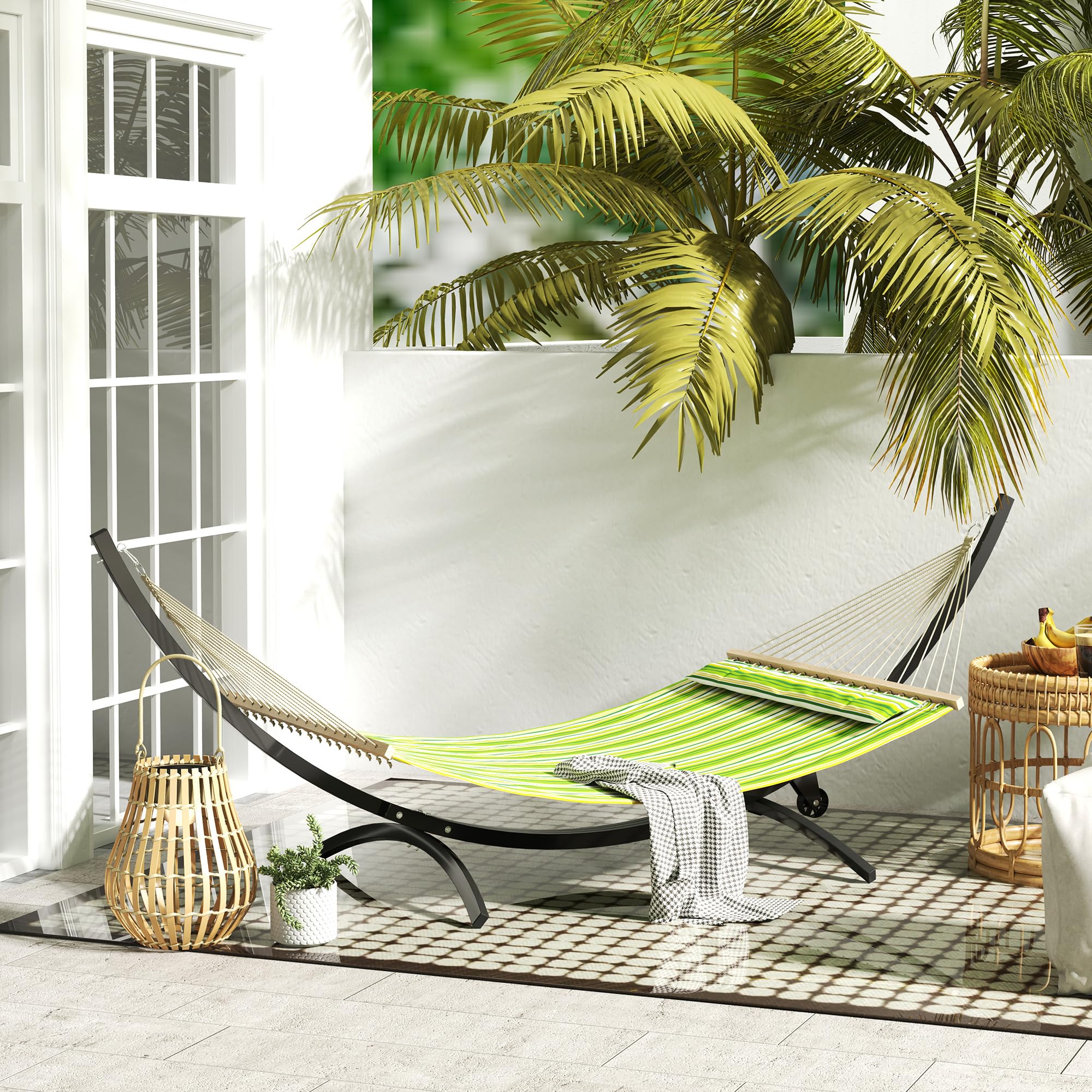 Outsunny Soporte de Hamaca de Metal con Ruedas, Soporte de Hamaca Carga máx. 150 kg con Cadenas, Ganchos, para Uso en Exteriores e Interiores, 337 x 118 x 118 cm Negro