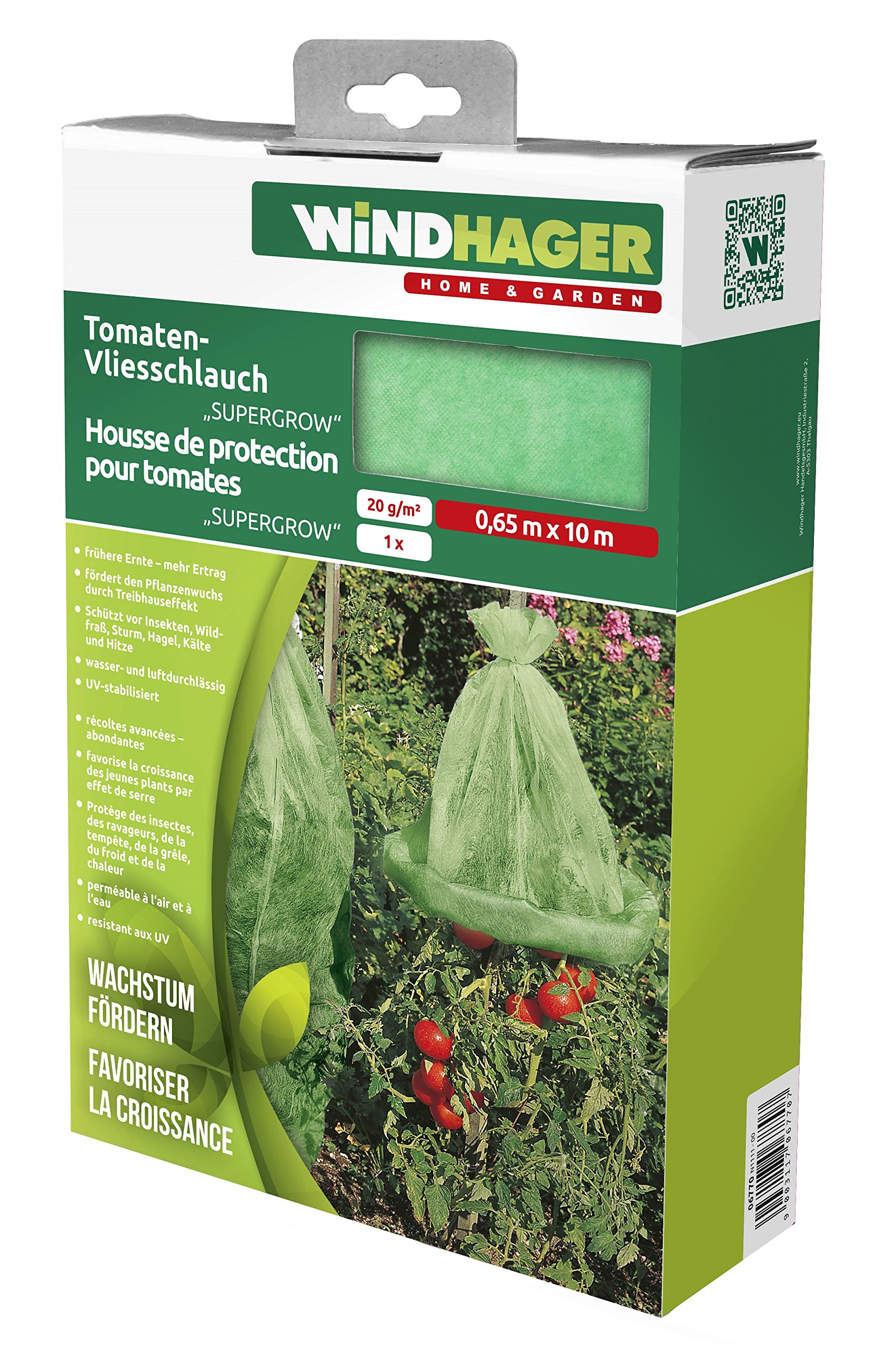 Windhager Tomaten-Vliesschlauch SUPERGROW, Wachstumsvlies Tomatenschutz Schädlingsschutz Frostschutz Gartenvlies, grün, 10 x 0,65 m, 20 g/m² (Packung mit 2)