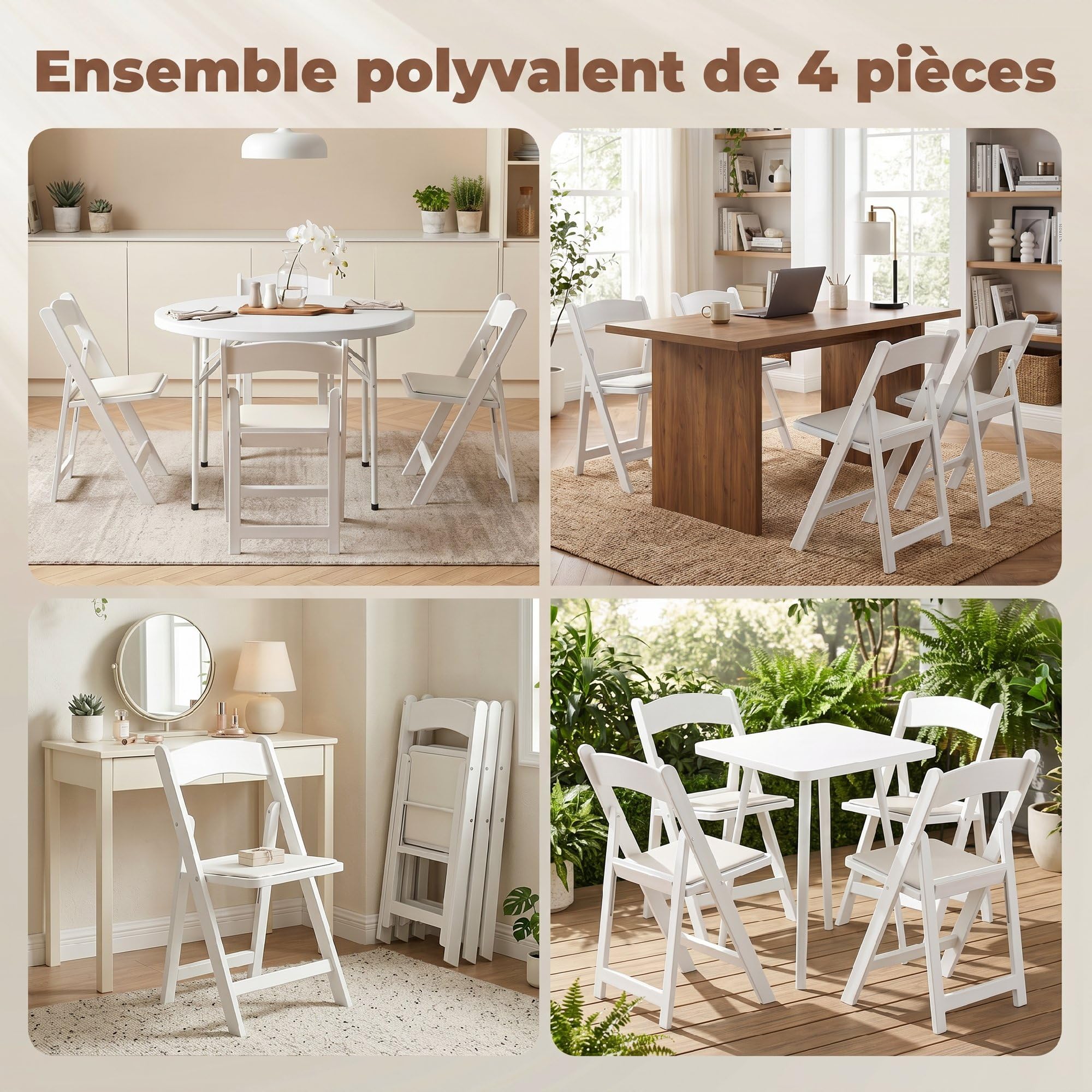 HOMCOM Lot de 4 Chaises Pliantes en Résine Portables 45x44x78 cm Blanc