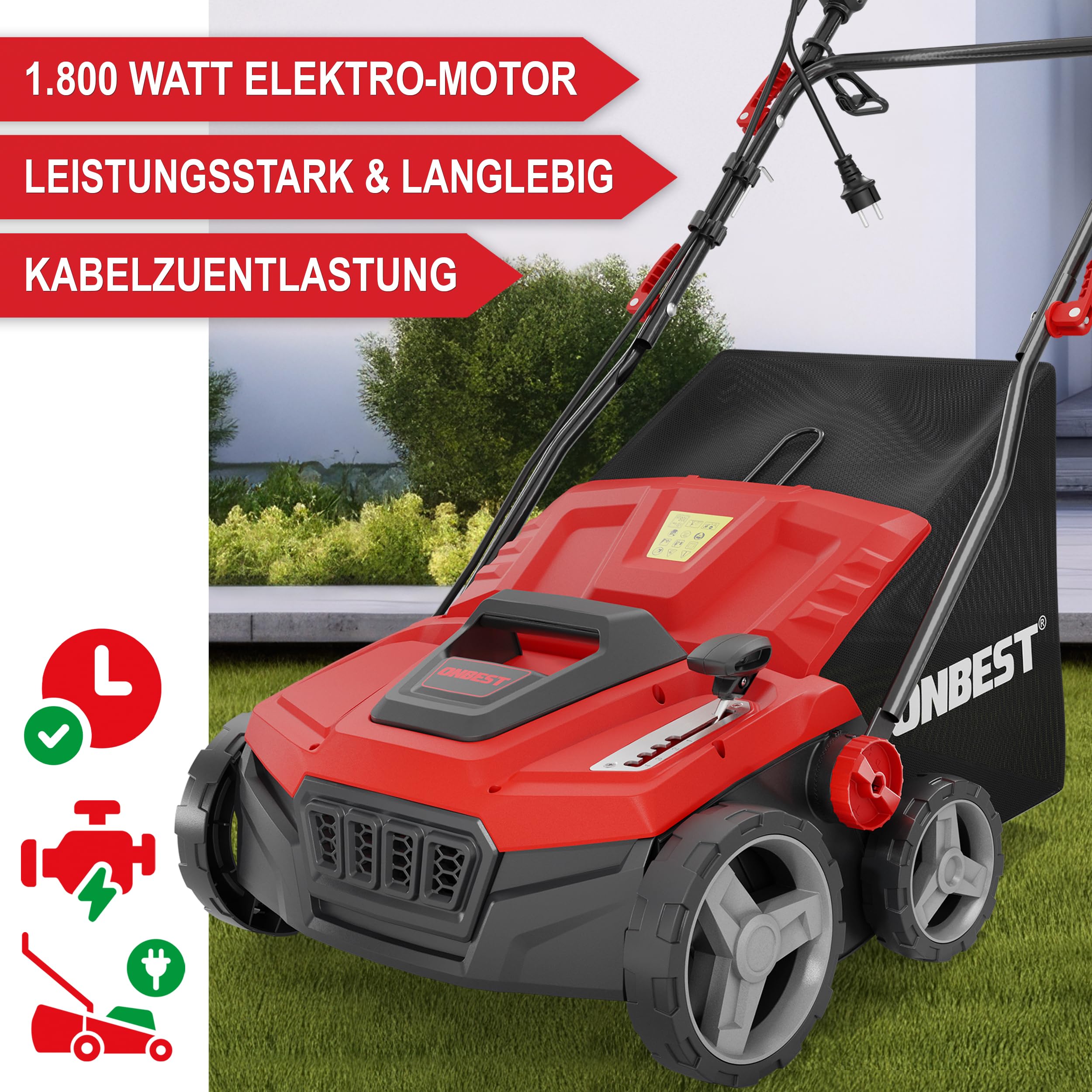 ONBEST 2in1 Elektro Vertikutierer 1800 W – 38 cm mit Fangkorb | Rasenvertikutierer mit Vertikutier- & Lüfterwalze, 45 L Fangkorb – entfernt Moos, Unkraut und Rasenfilz