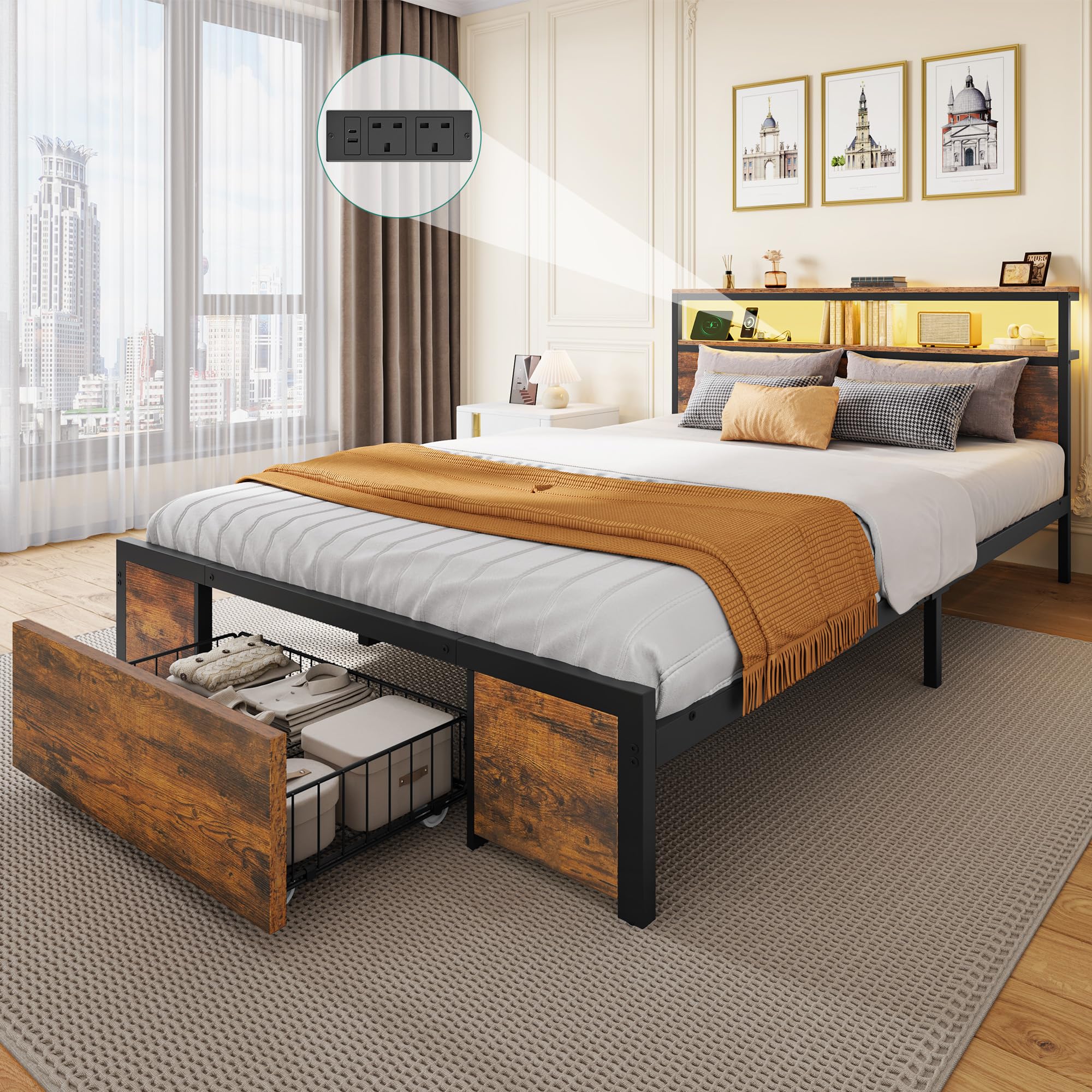 YITAHOME Bed Frame,LED with Headboard,Type-C USB Ports & Charging Outlets,Metal Platform Bed Frame No Box Spring Needed King Size Brown