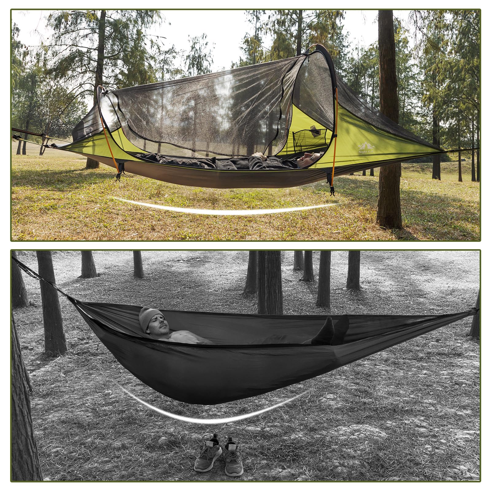 Night Cat Tenda Amaca con Zanzariera: A Forma Triangolare con Fondo Piatto Impermeabile per 1 Posto Verde