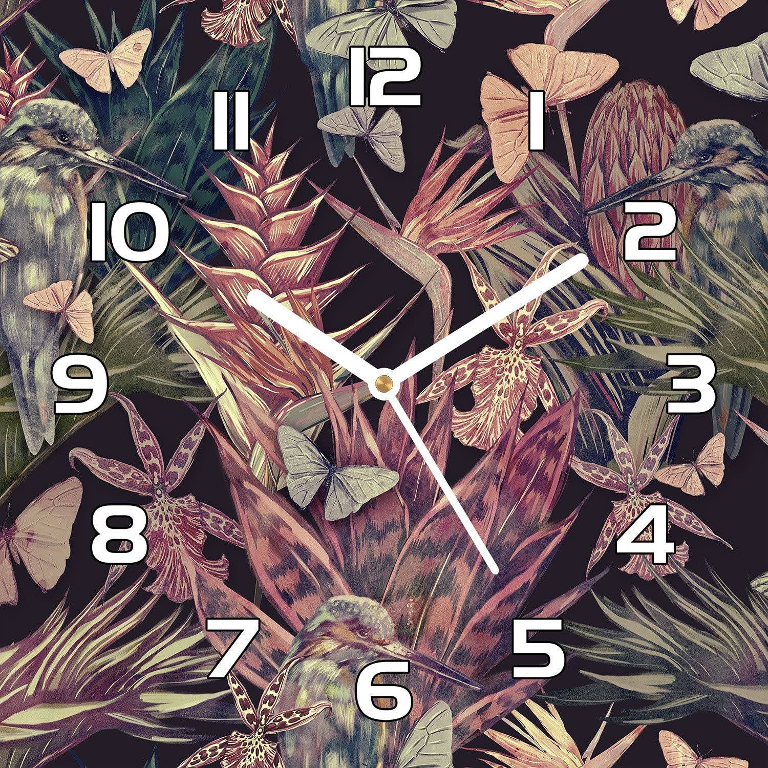 Horloge murale moderne 30x30 cm en verre imprimé colibri