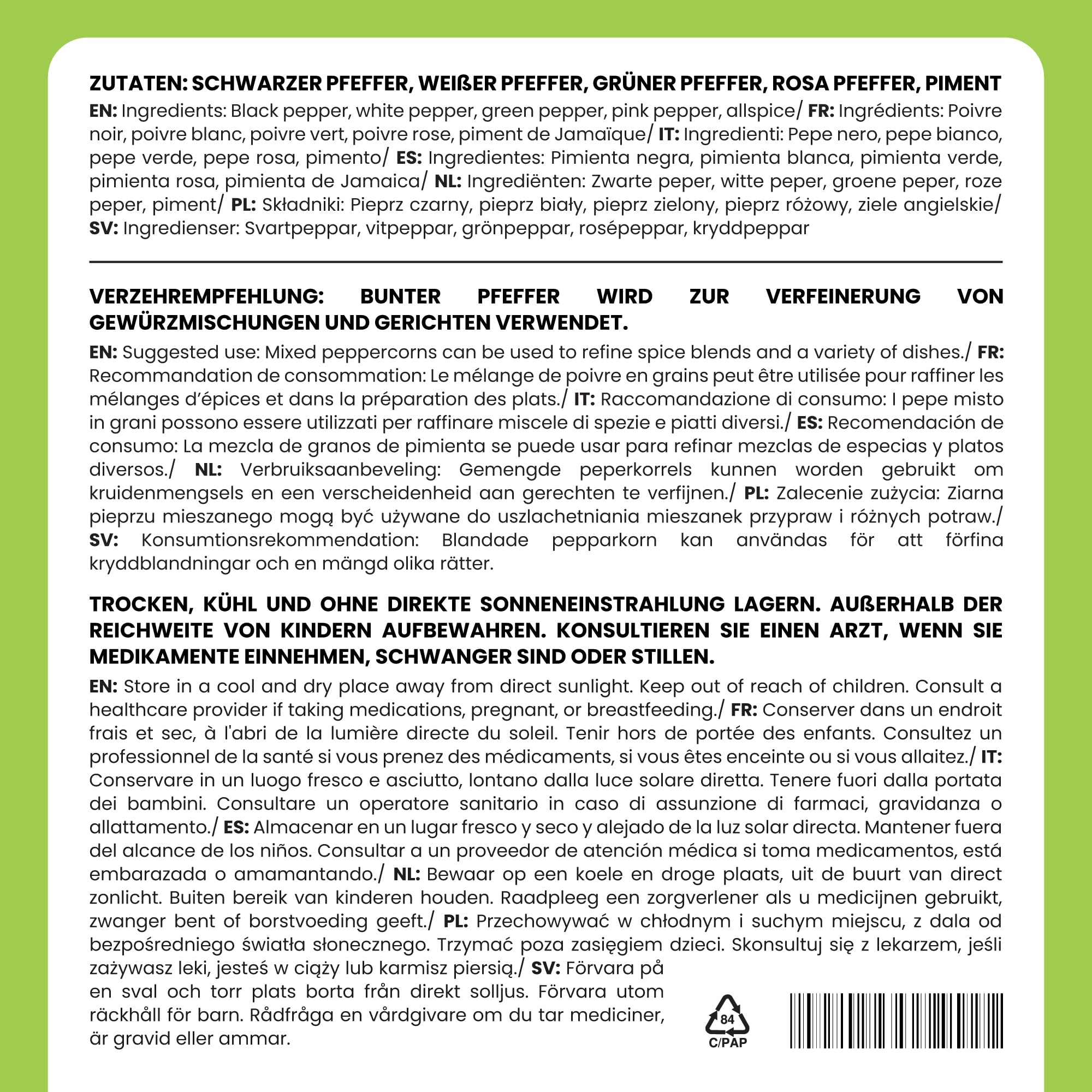 Alpi Nature Poivre 5 baies en grain 500g, Mélange d'Épices de 5 Couleurs, Poivre Noir, Blanc, Vert, Rose et Piment de la Jamaïque