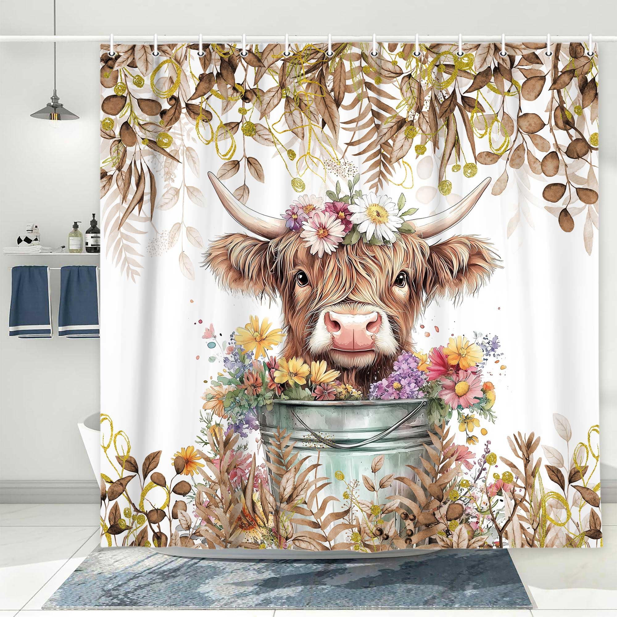 Mtsxfy Brown Shower Curtain, Watercolor Plant Eucalyptus Leaves with Floral Farmhouse Highland Cow Bath Curtain, Funny Animals Bathroom Accessories Botanical for Bathroom Curtain Set, 72X72in