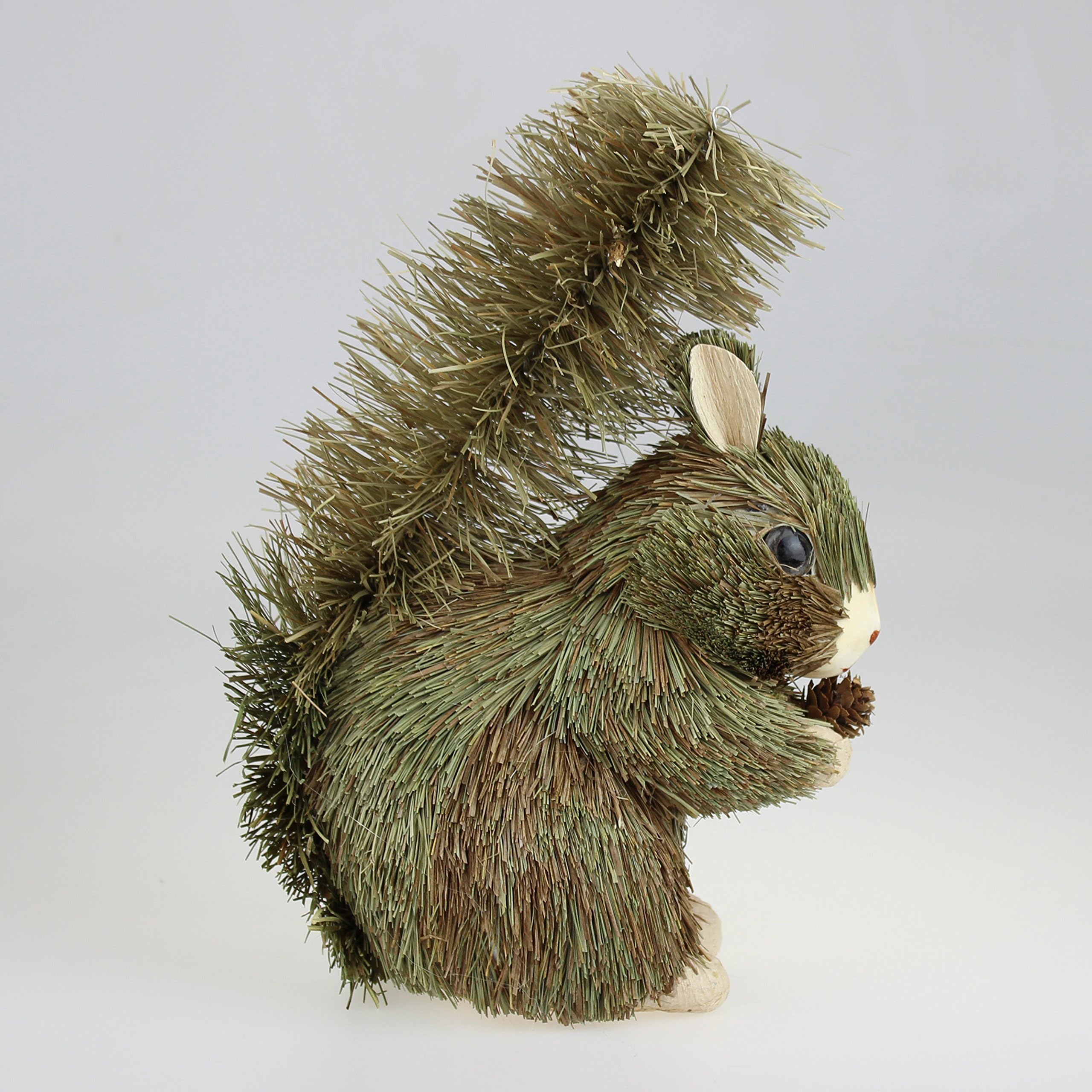 Squirrel Figurine with Grass Tail Eating Pinecone Life-like Home Decor 9"H