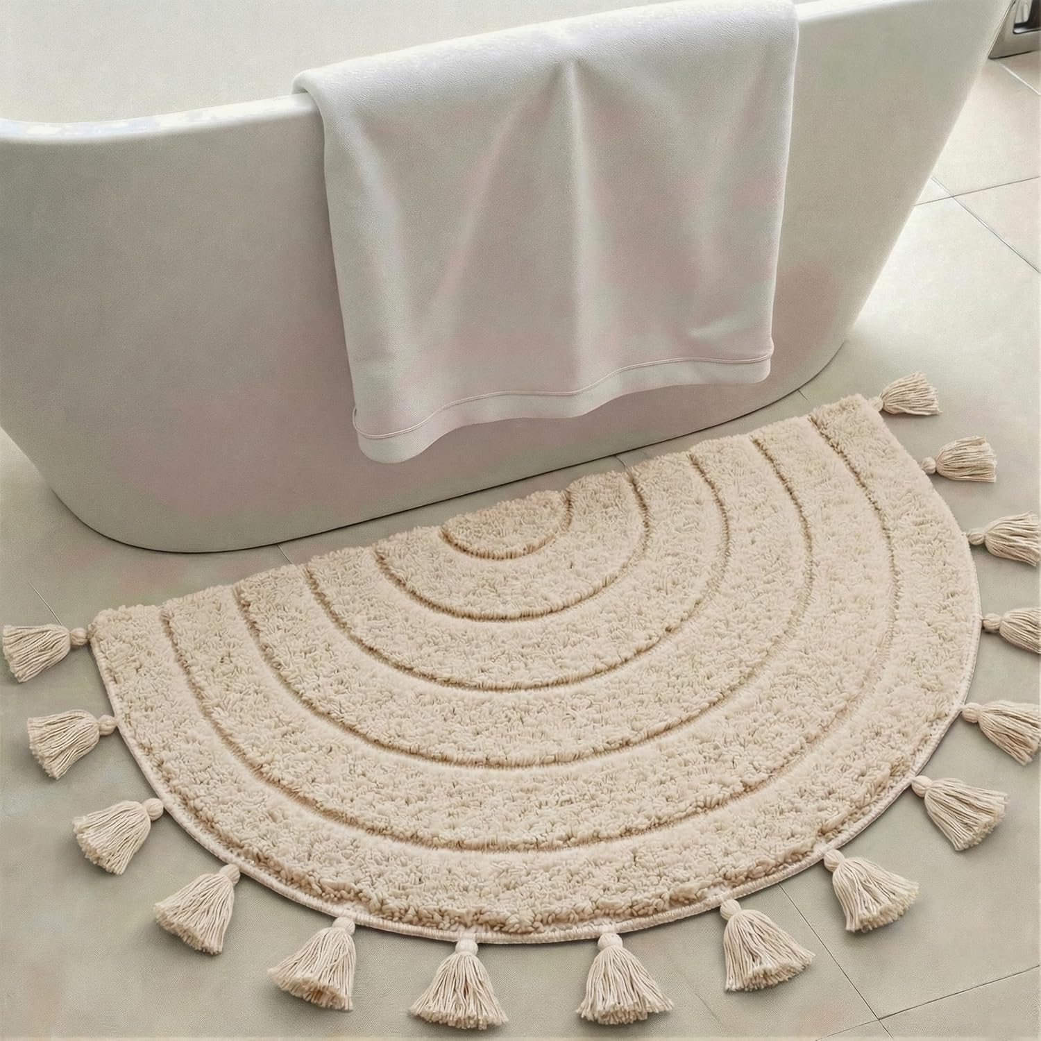 Half Circle Boho Bathroom Rugs with Tassels Non Slip Absorbent Handcrafted Crochet Cute Bath Mats for Bathroom Floor Tub, Farmhouse Boho Decor, Washable, Beige, 20"x32"