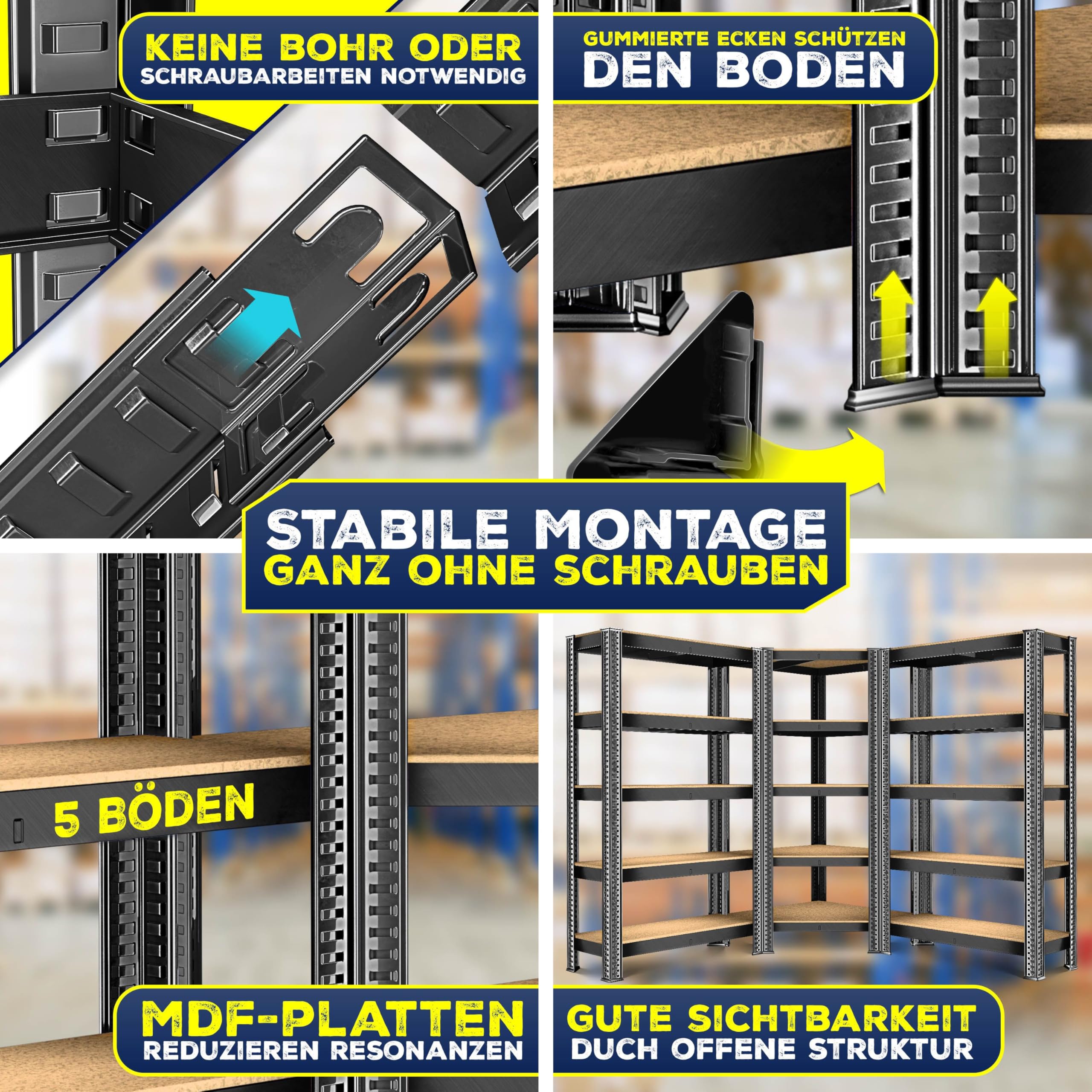 MASKO® Jeu de 3 Étagères en Métal - 1 Étagère d'Angle & 2 de Stockage | 15 Plaques MDF | Capacité 2625 kg | Étagère d'Atelier - Noir