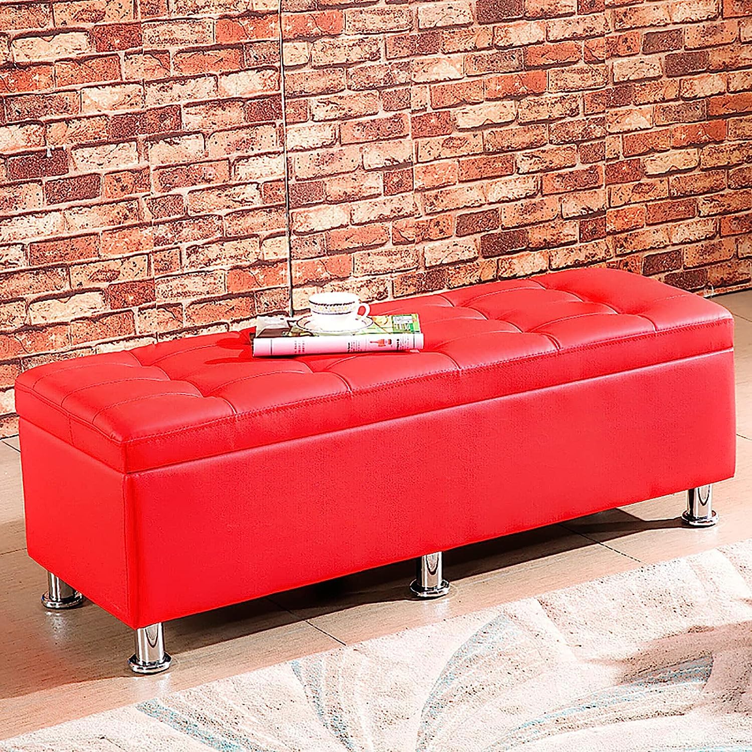 GHFXSCV Modern Faux Leather Storage, Rectangular Footrest for Entryway, Upholstered Pouf for Living Room & Bedroom, 28x16x16 Inches, Toy Chest & Footstool.