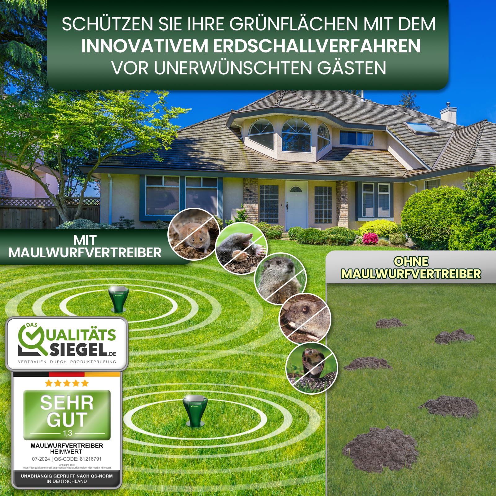 HEIMWERT Maulwurf Vertreiber Wühlmausschreck - SCHNELLE Ergebnisse mit KI Wechselfrequenz Automatik - Solar Abwehr wasserdicht und flüsterleise - auch gegen Wühlmäuse (4er Pack)