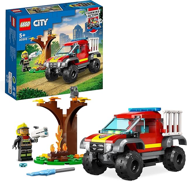 LEGO 60393 City 4x4 Fire Engine Rescue Truck Toy for 5 Plus Year Old Boys & Girls, Set with Water Element Launcher, Firefighter Minifigure and Cat Figure