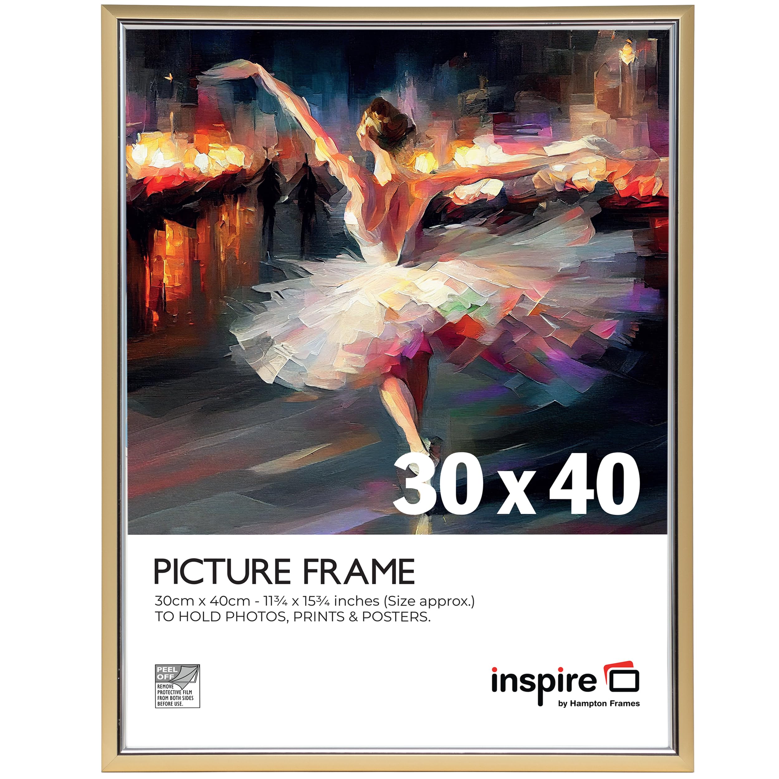 Inspire By Hampton Frames Gold | Picture Poster Frame | 30X40cm, Plastic, Foil Wrapped | Wall Mount, Acrylic Front, Drop-In Back, Landscape Or Portrait | Display For Photos, Art