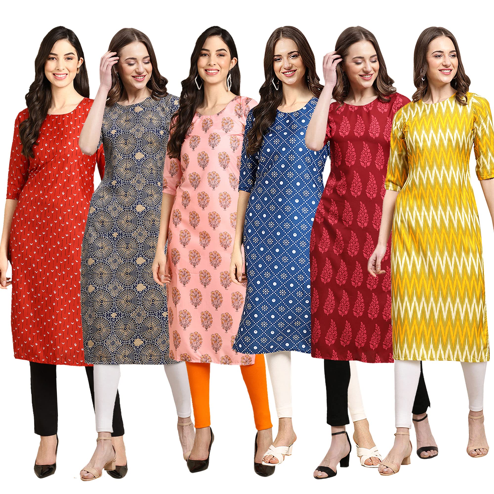 Pinkmint Women's Crepe Digital Print Straight Kurta Pack Of 6