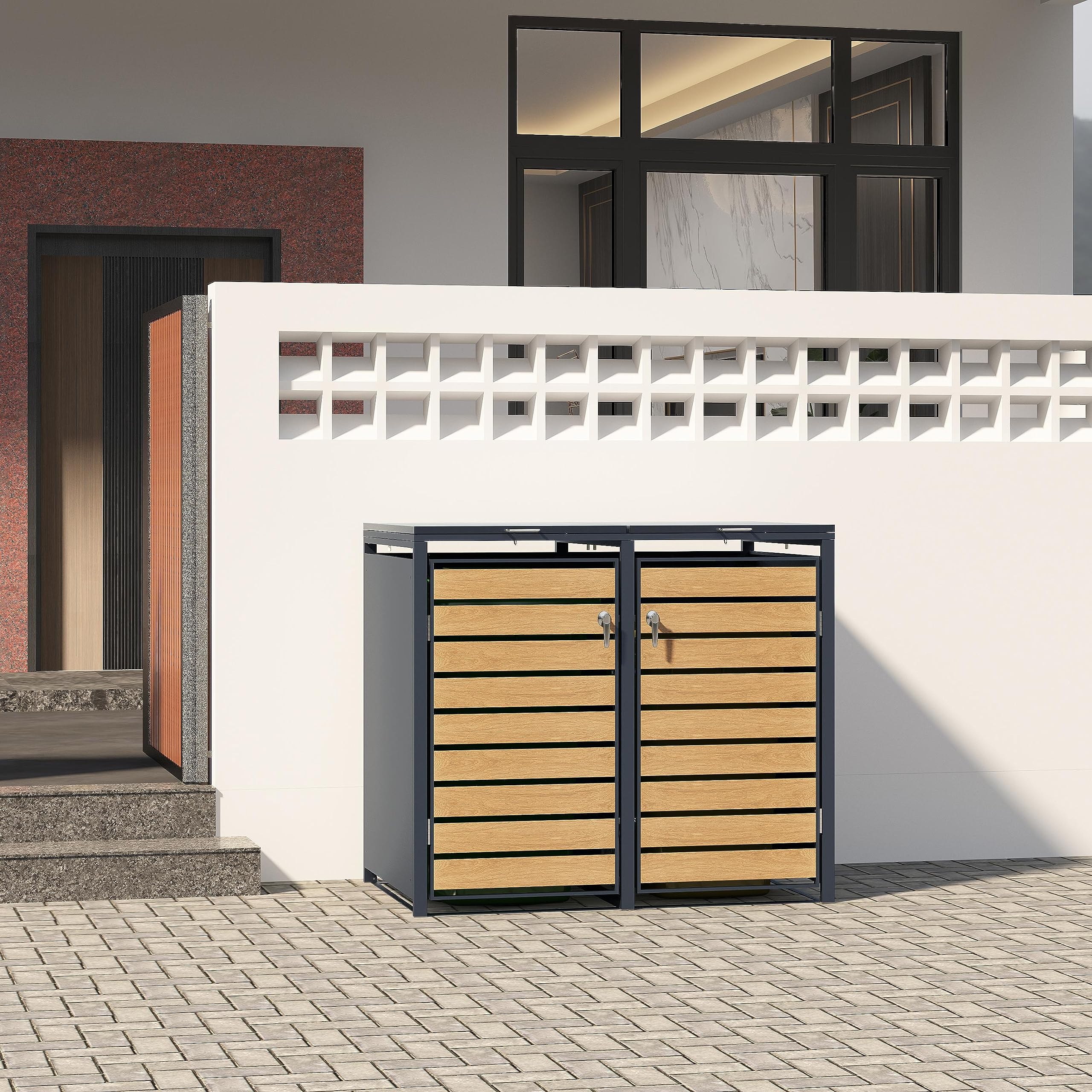 ESTEXO Mülltonnenbox Mülltonnenverkleidung mit Deckel Aufbewahrungsbox Müllbox Anthrazit mit Holzdekor (2 Türen)